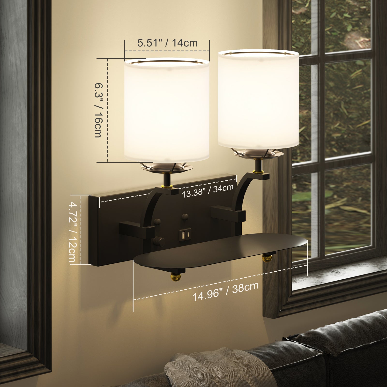 C07-1 Industrial Wall Sconce with Line Fabric Shade for Dining Room with USB Port