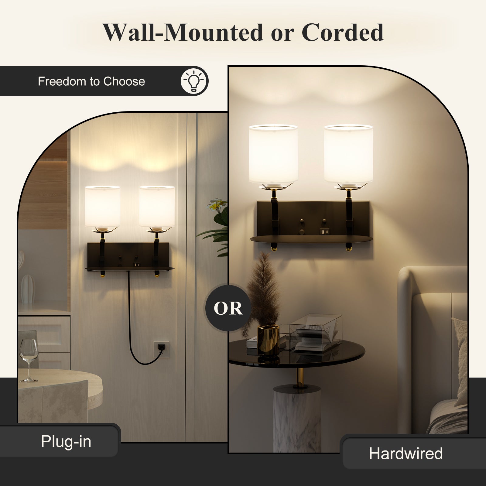 C07-1 Industrial Wall Sconce with Line Fabric Shade for Dining Room with USB Port