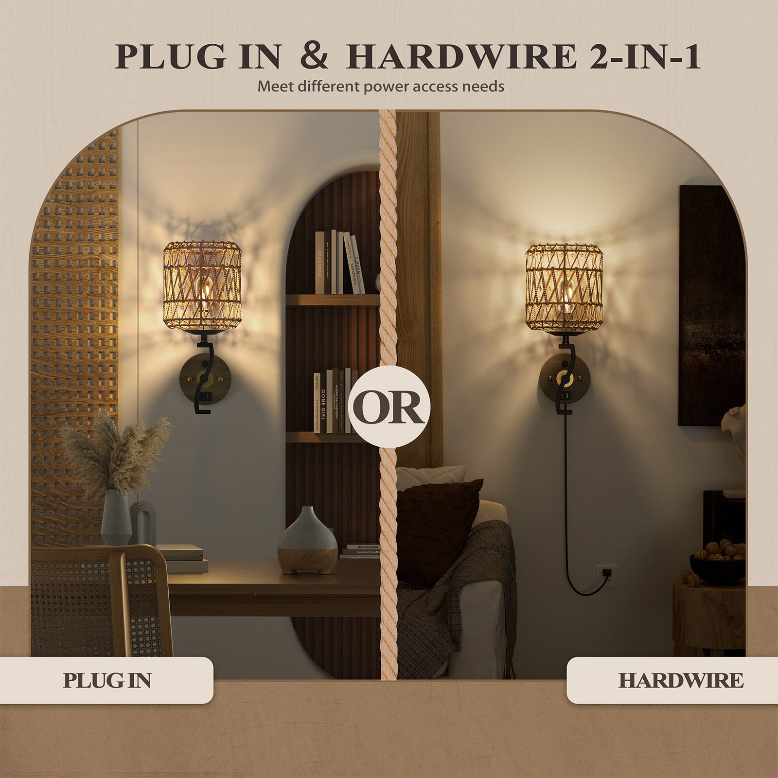 N11-1 Rattan Boho Plug In Wall Sconce Stepless Dimming for All Home Styles(Bulb Included)