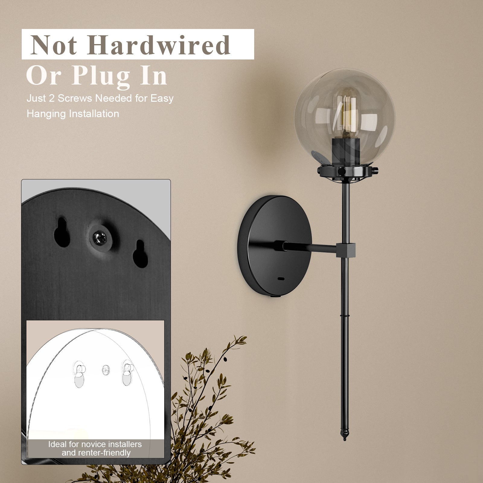 B04 Battery Powered Wall Sconces with Remote&Glass Shade for Bedroom