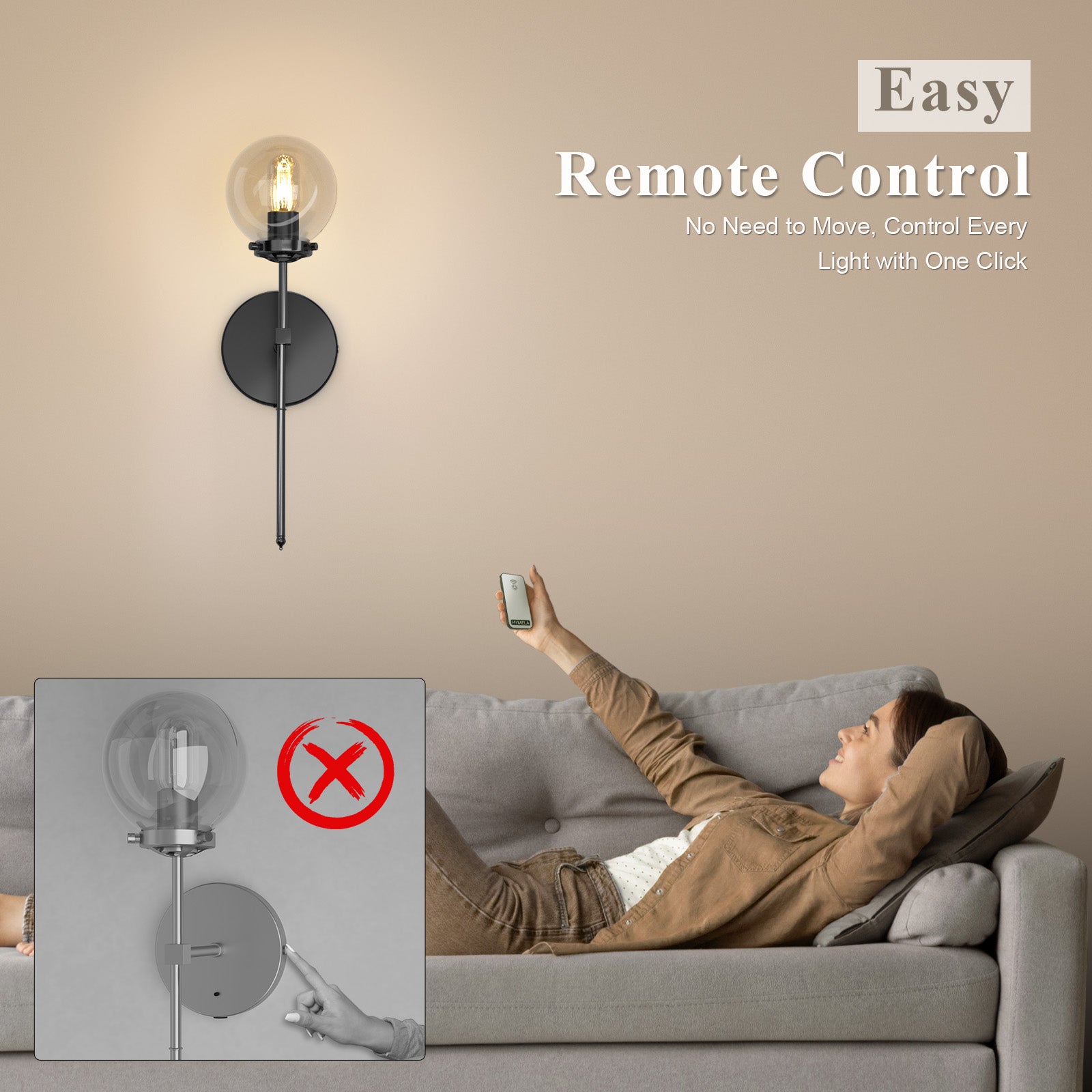 B04 Battery Powered Wall Sconces with Remote&Glass Shade for Bedroom
