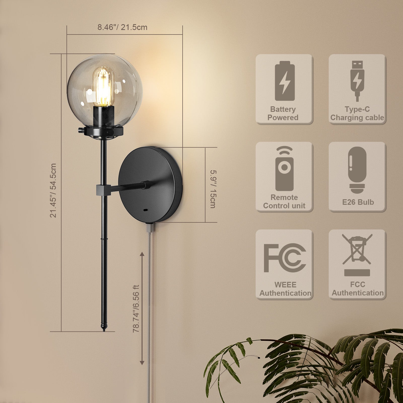 B04 Battery Powered Wall Sconces with Remote&Glass Shade for Bedroom