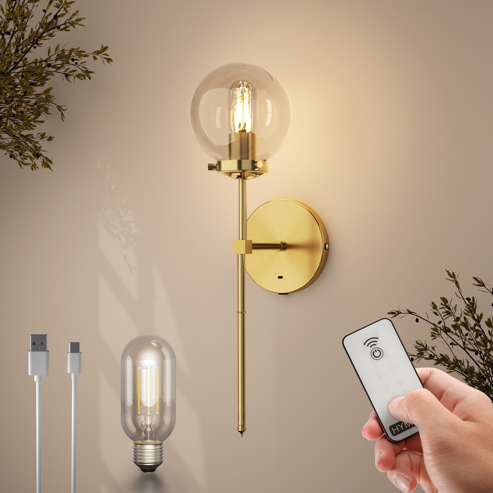 B04 Battery Powered Wall Sconces with Remote&Glass Shade for Bedroom