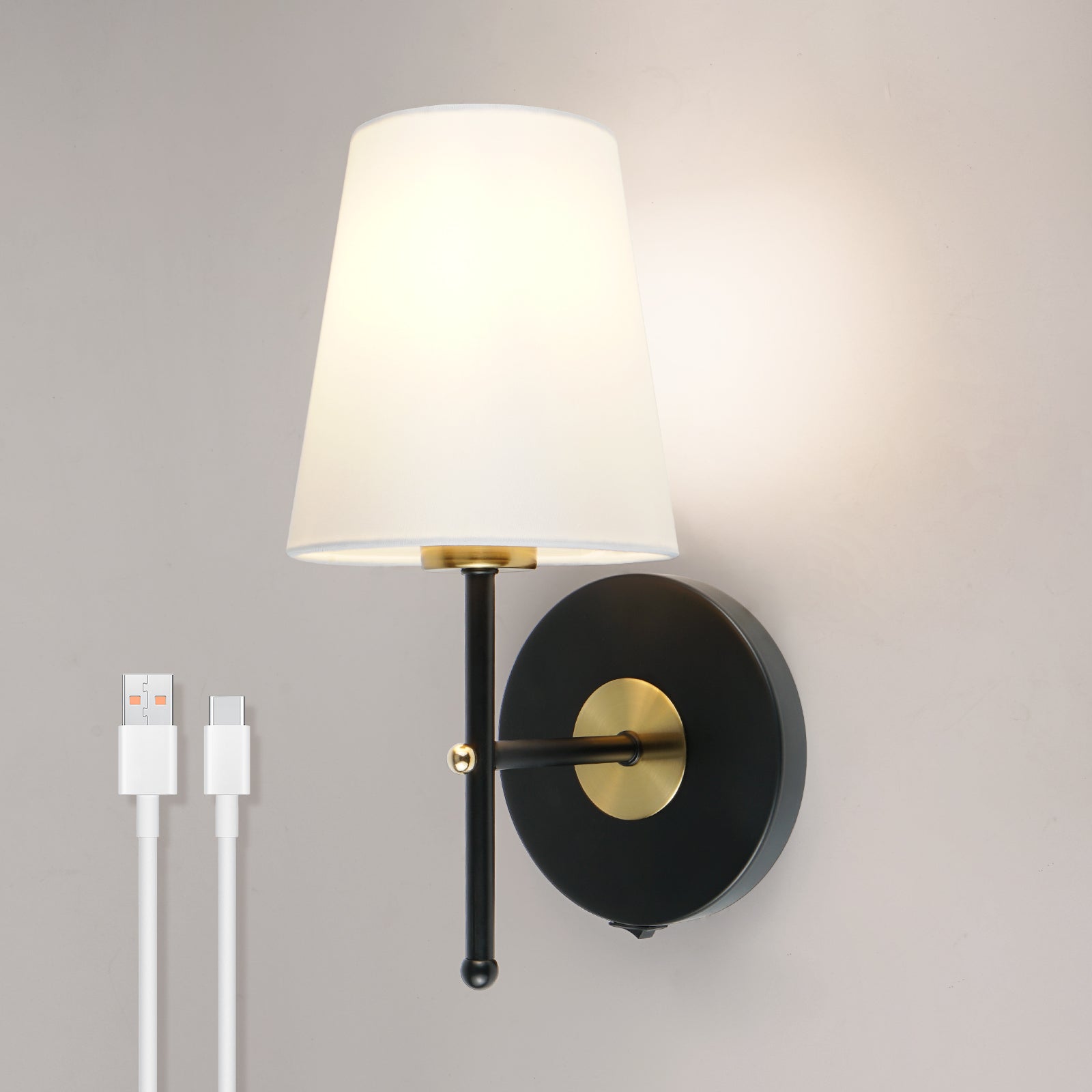 C01 Wireless Battery Powered Bedroom Wall Sconces with Fabric Shade