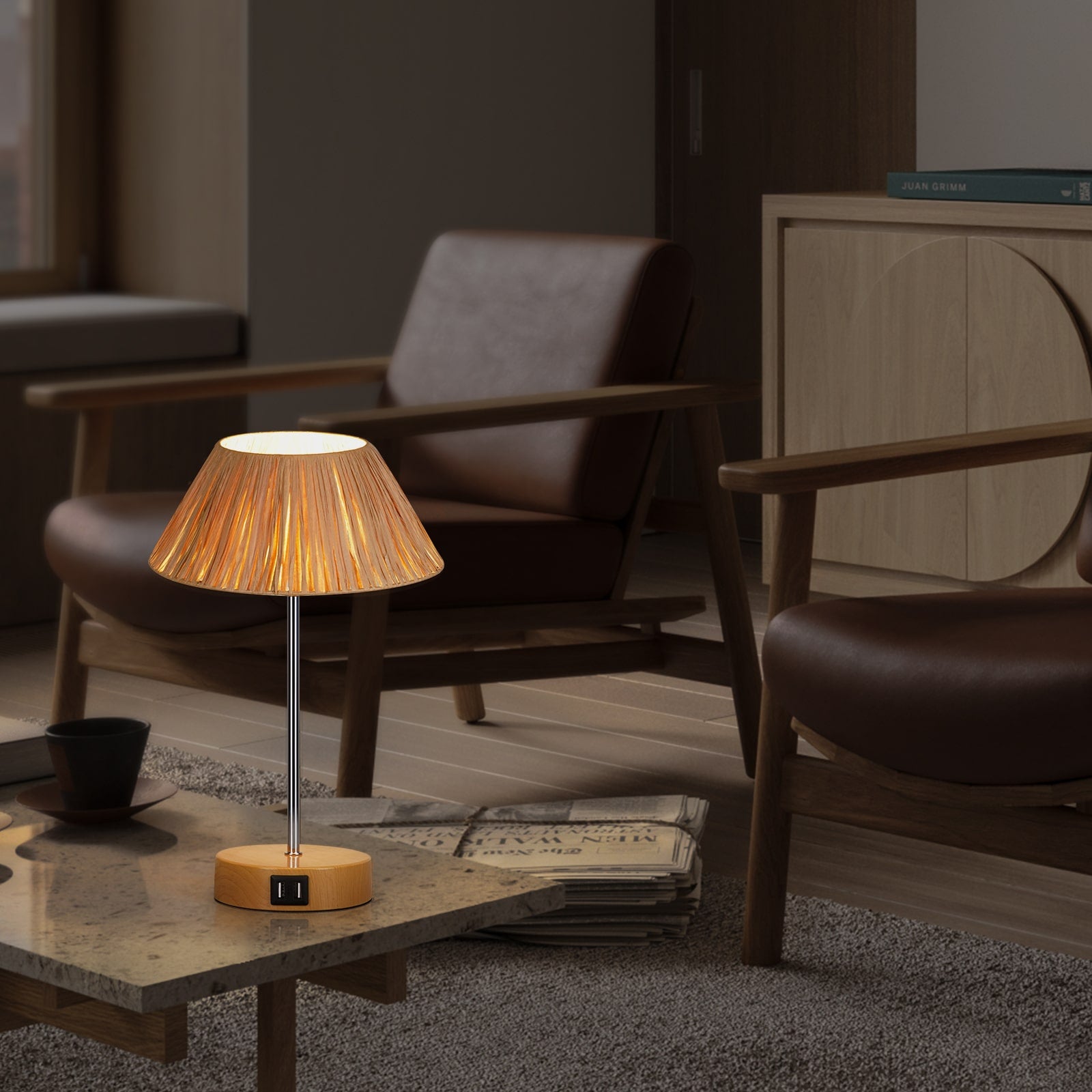 N09 Farmhouse Straw Rope Table Lamp with USB Port for Living Room