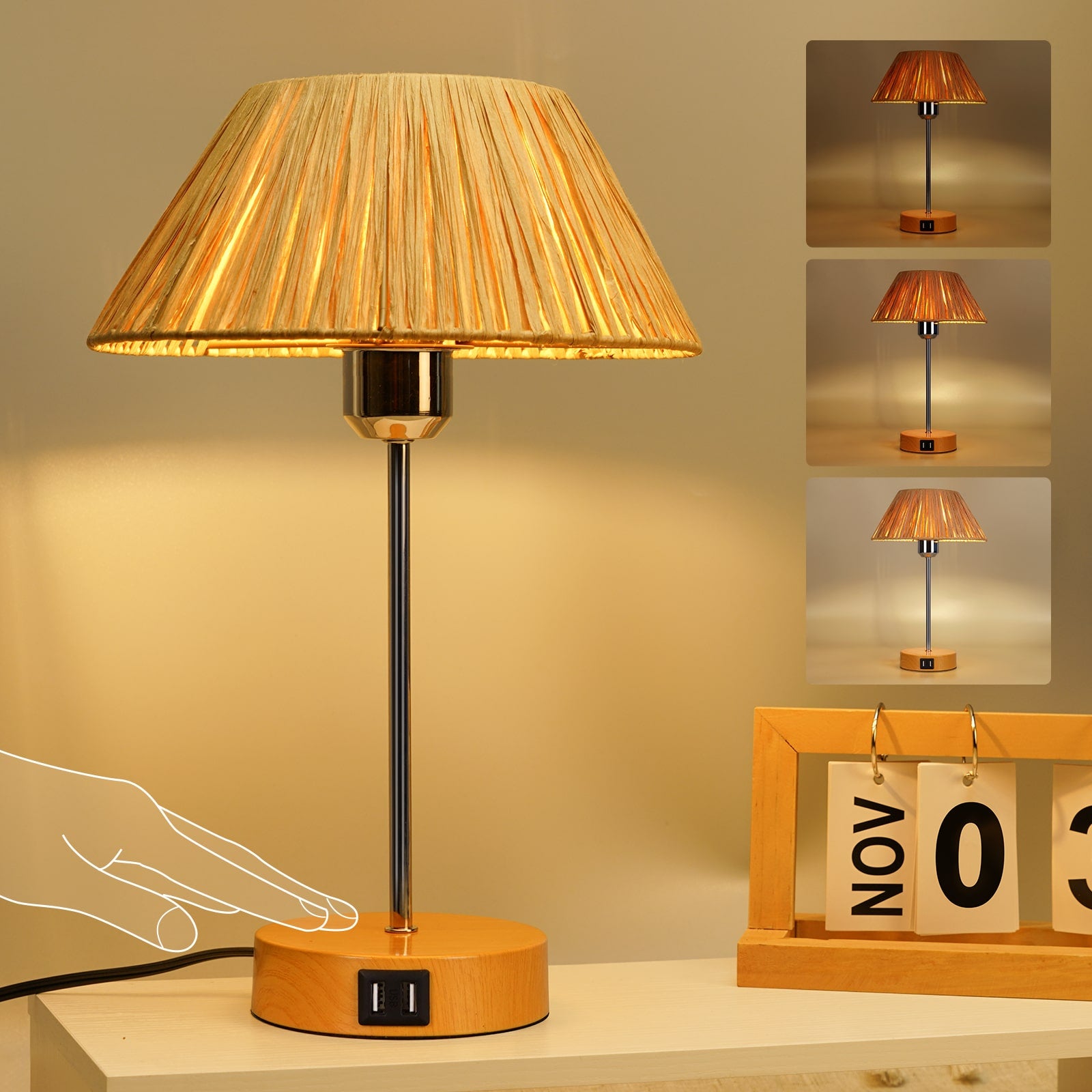 N09 Farmhouse Straw Rope Table Lamp with USB Port for Living Room