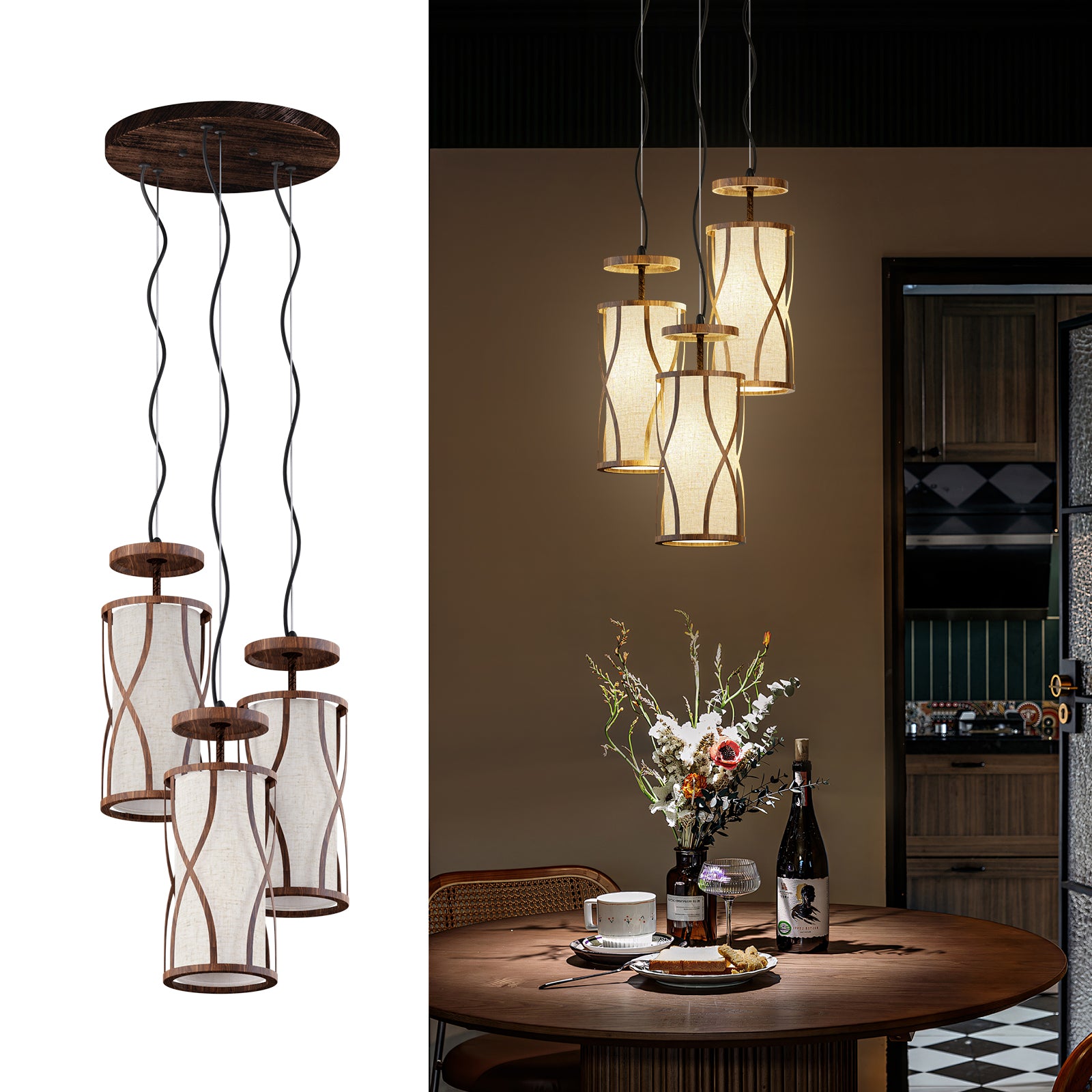 N10-4 Natural 3 Light Pendant Light Adjustable Hanging Light Fixture for Kitchen