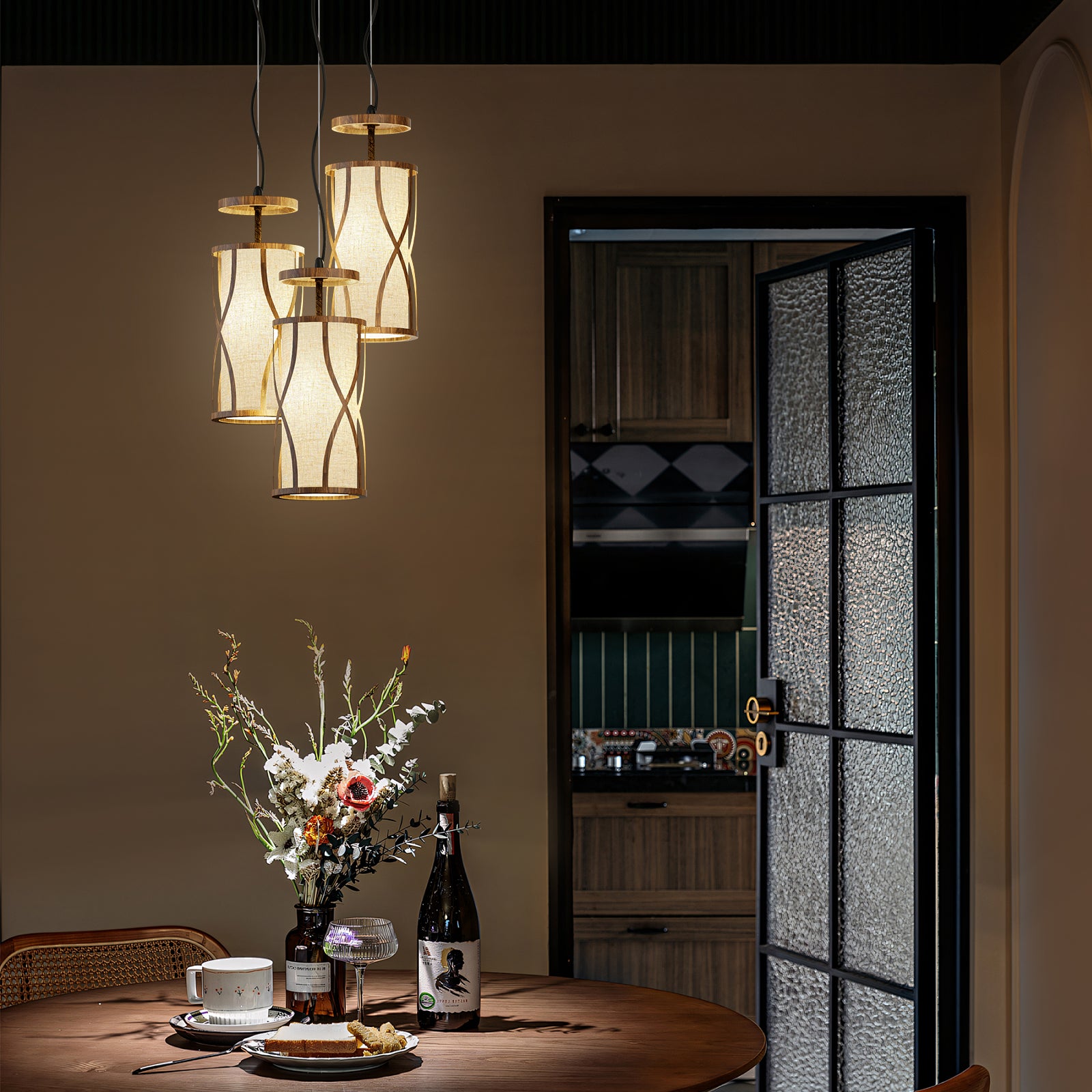 N10-4 Natural 3 Light Pendant Light Adjustable Hanging Light Fixture for Kitchen