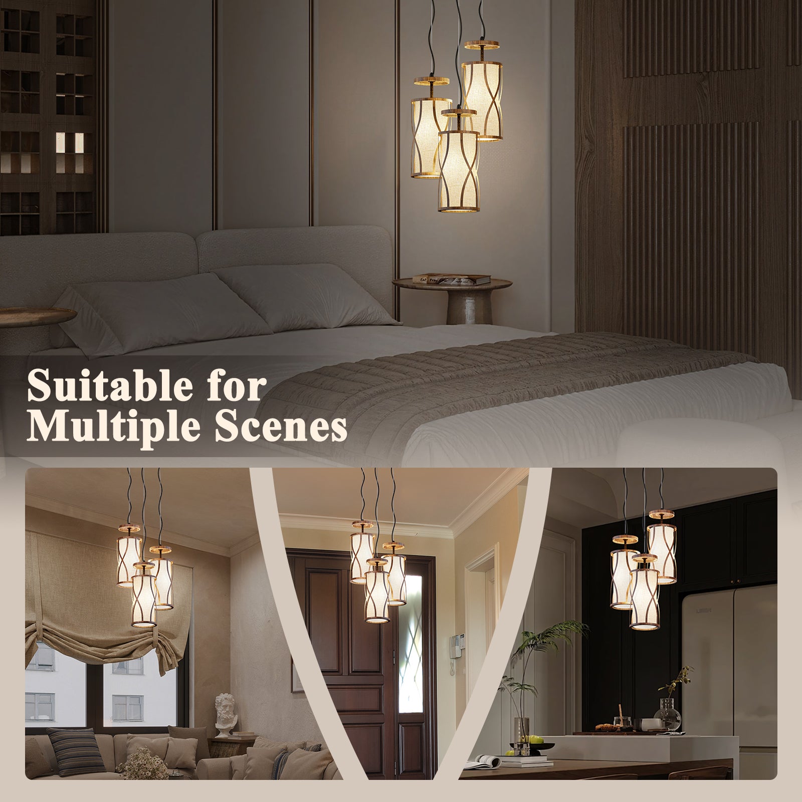 N10-4 Natural 3 Light Pendant Light Adjustable Hanging Light Fixture for Kitchen