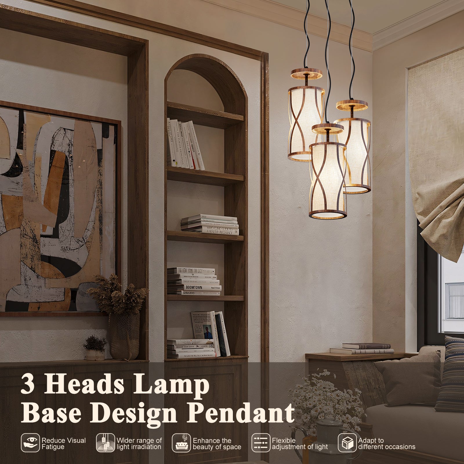 N10-4 Natural 3 Light Pendant Light Adjustable Hanging Light Fixture for Kitchen