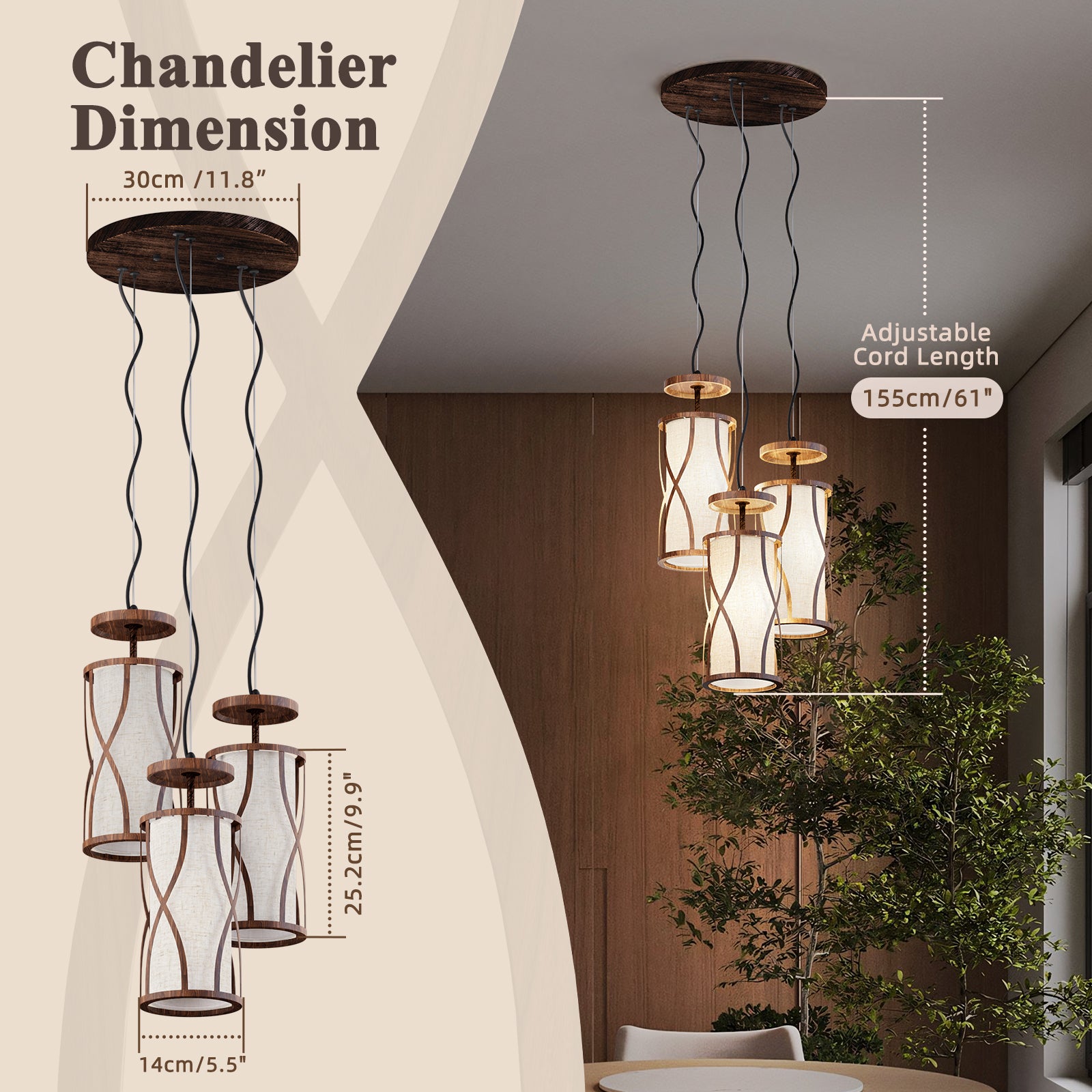 N10-4 Natural 3 Light Pendant Light Adjustable Hanging Light Fixture for Kitchen