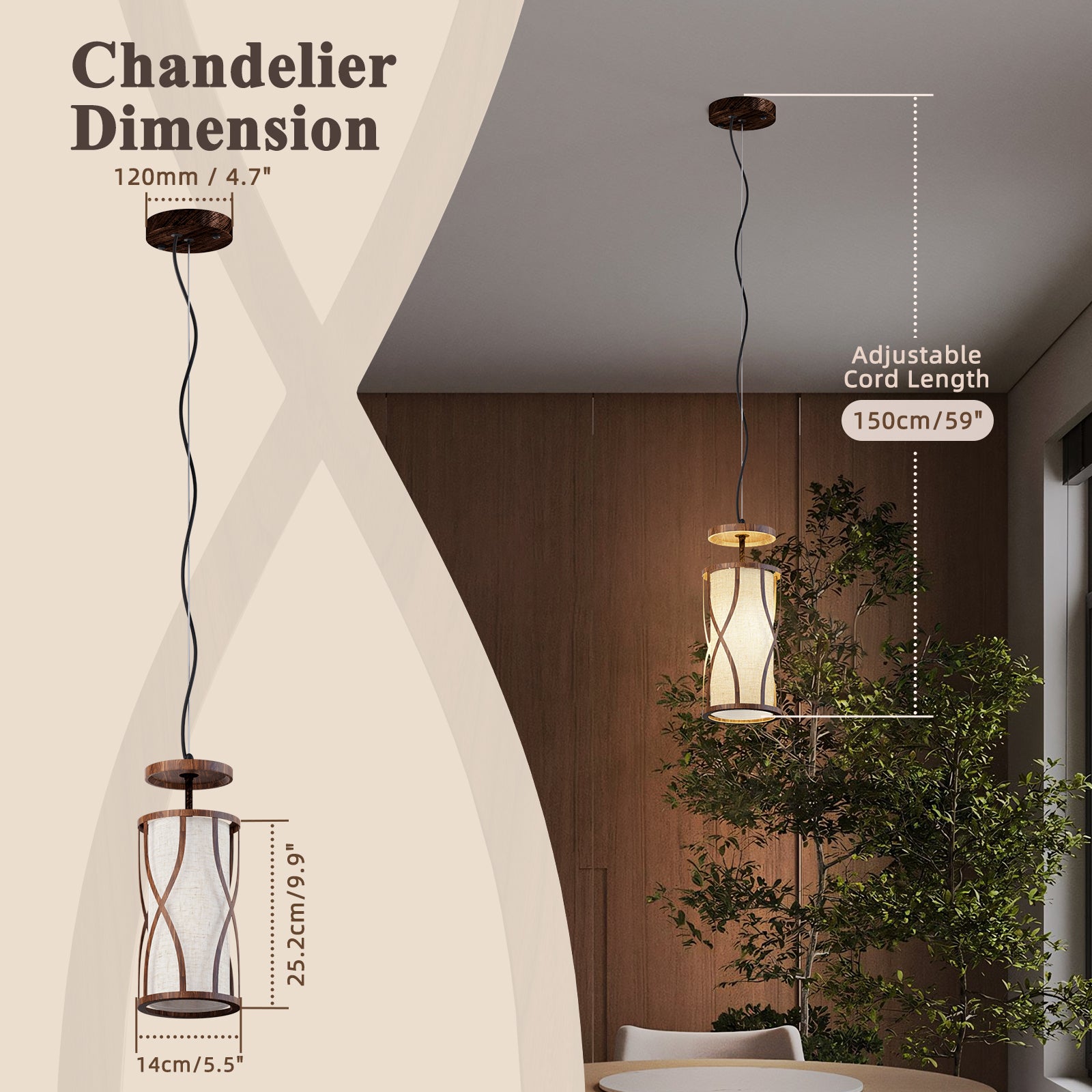 N10-4 1-Light Natural Pendant Light Adjustable for Living Room