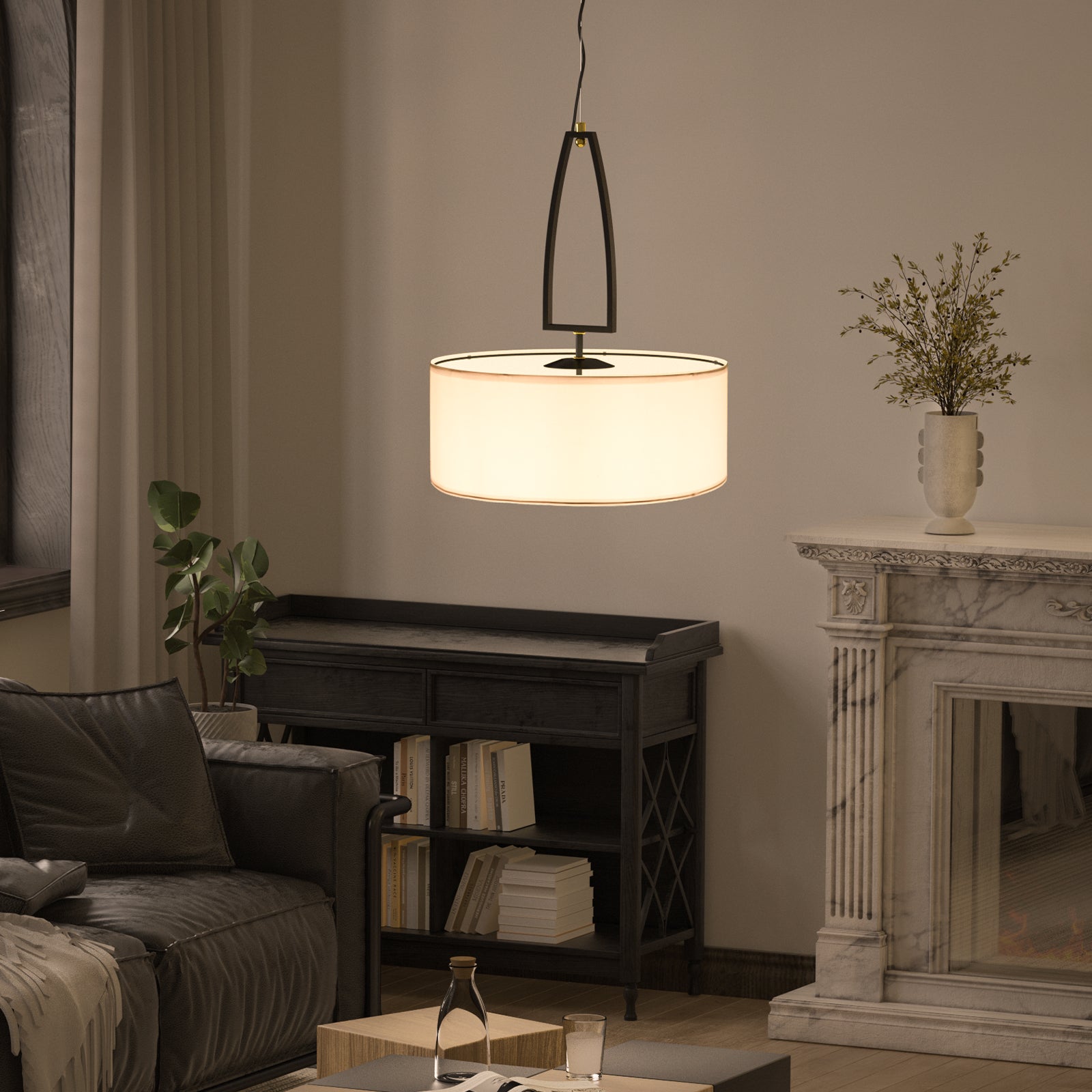 C07-4 Drum Ceiling Chandelier Linen Fabric Lampshade 3-Light for Bedroom