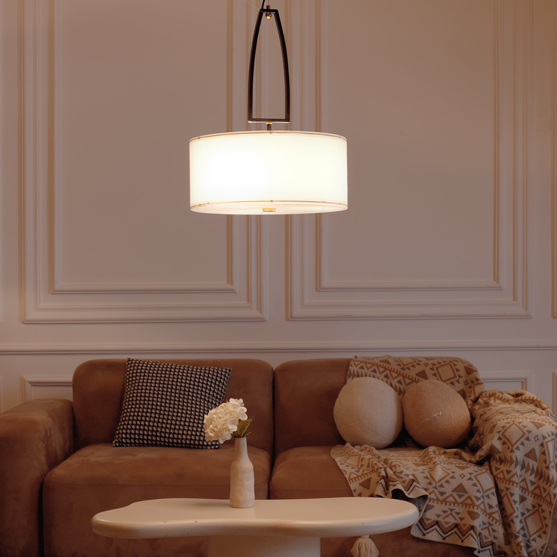 C07-4 Drum Ceiling Chandelier Linen Fabric Lampshade 3-Light for Bedroom