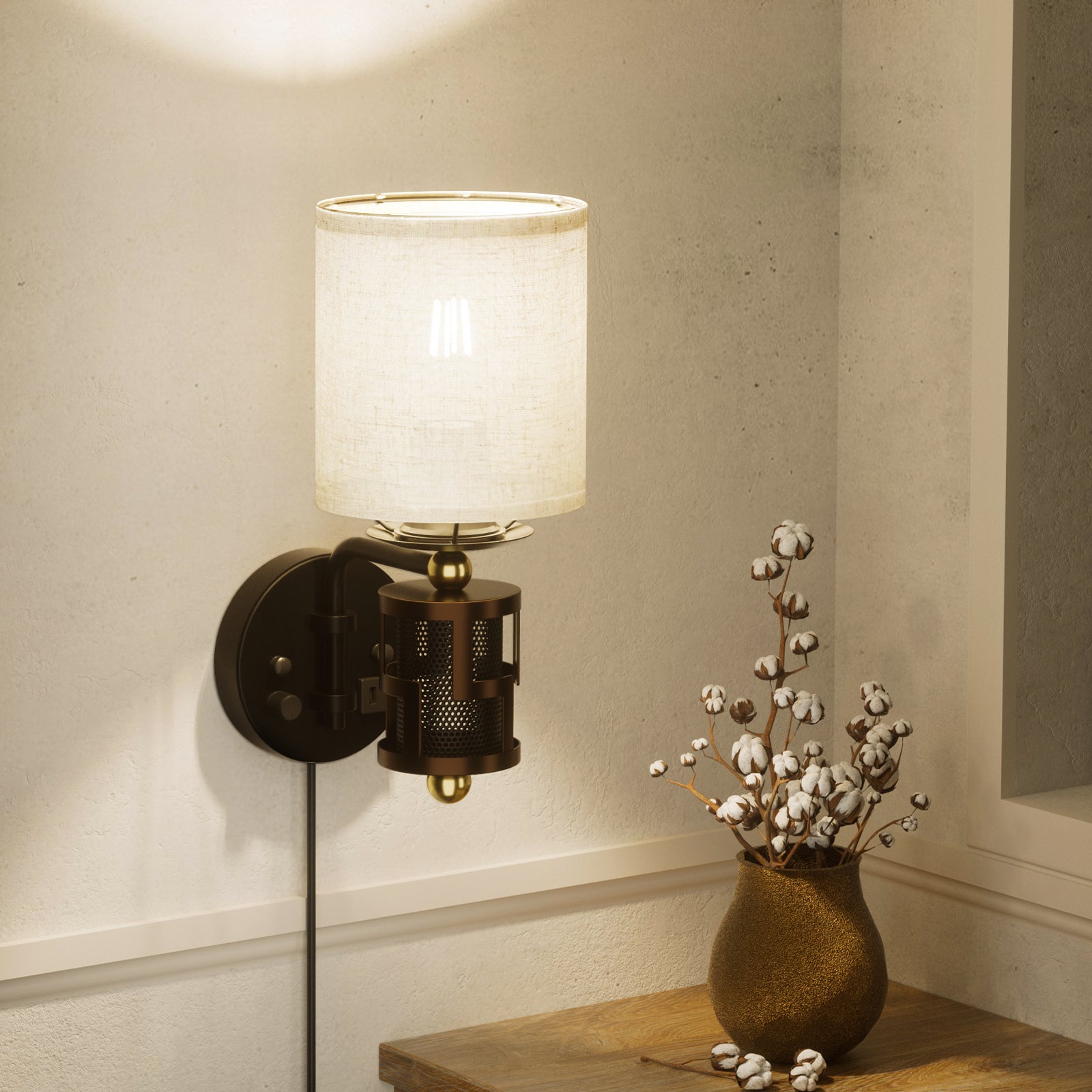 V07-1 0-100% Dimmable Wall Sconces for Dining Room with Beige Linen Shade