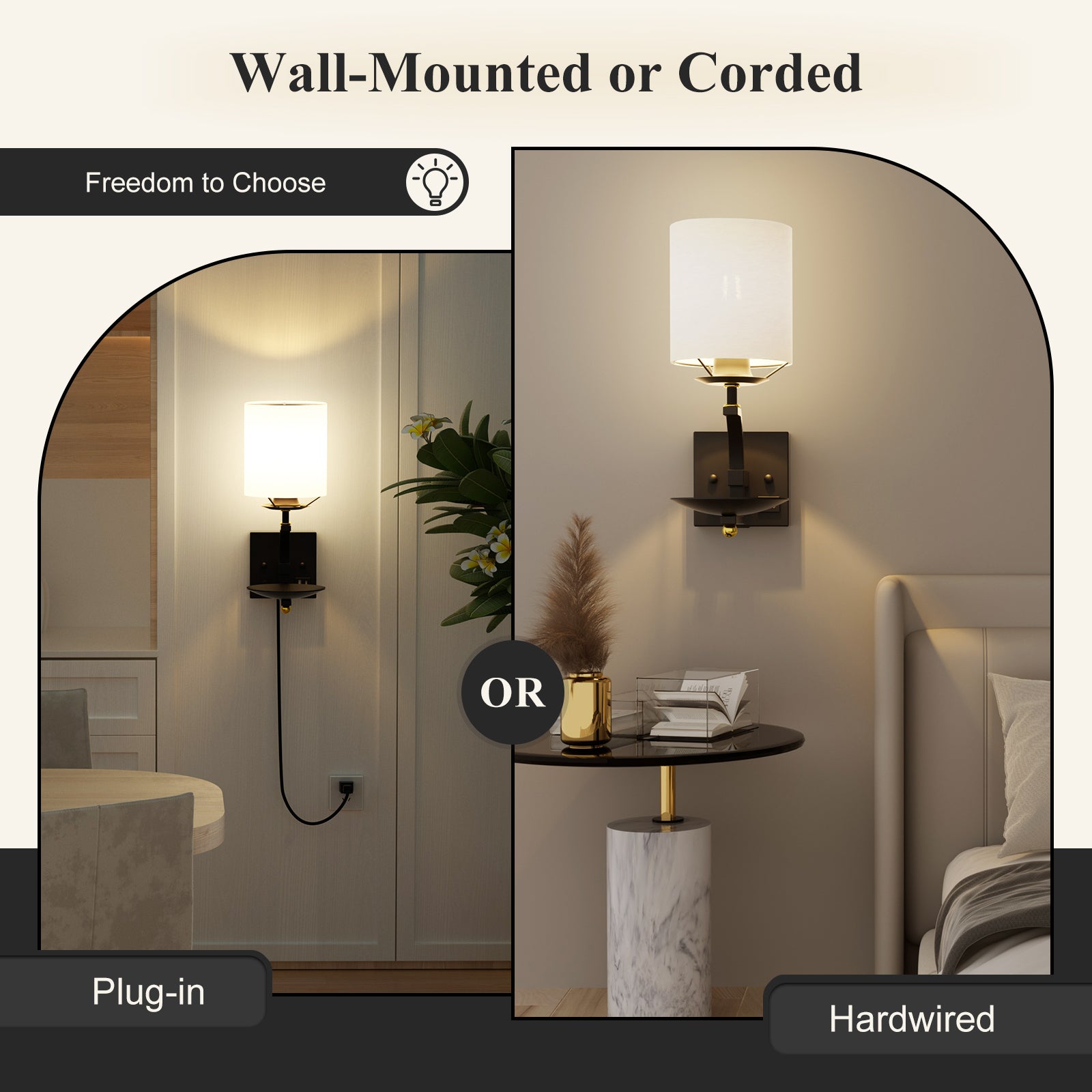 C07-1 Industrial Wall Sconce with Line Fabric Shade for Dining Room with USB Port