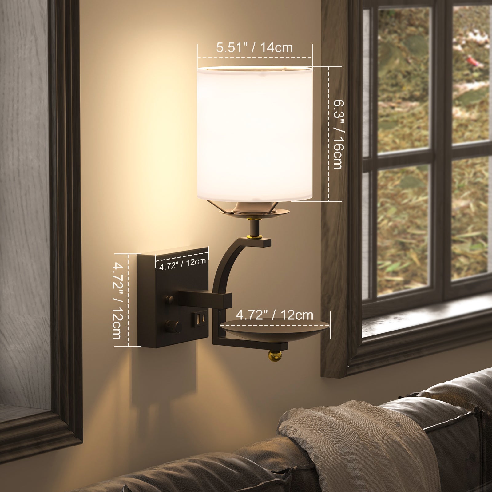 C07-1 Industrial Wall Sconce with Line Fabric Shade for Dining Room with USB Port