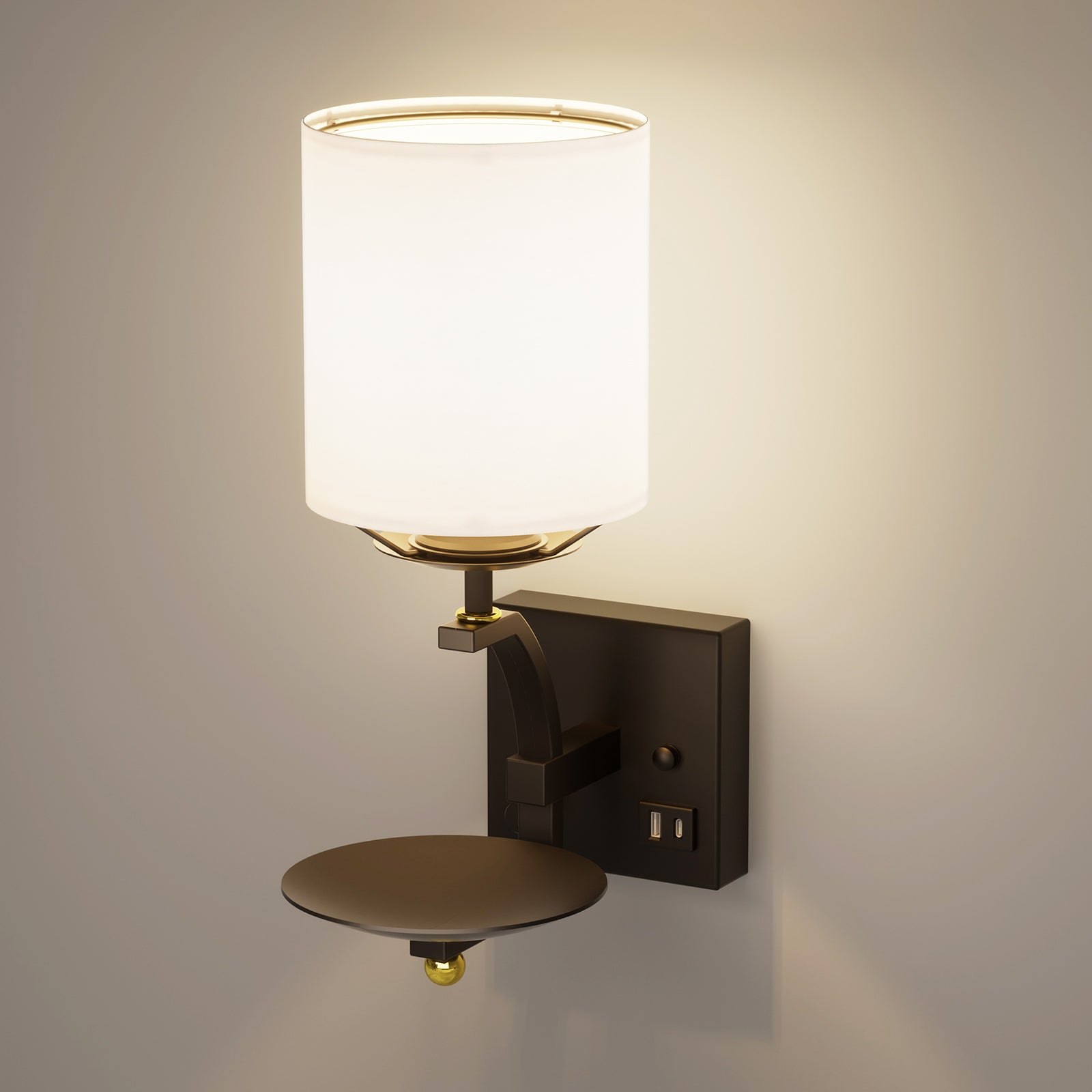 C07-1 Industrial Wall Sconce with Line Fabric Shade for Dining Room with USB Port