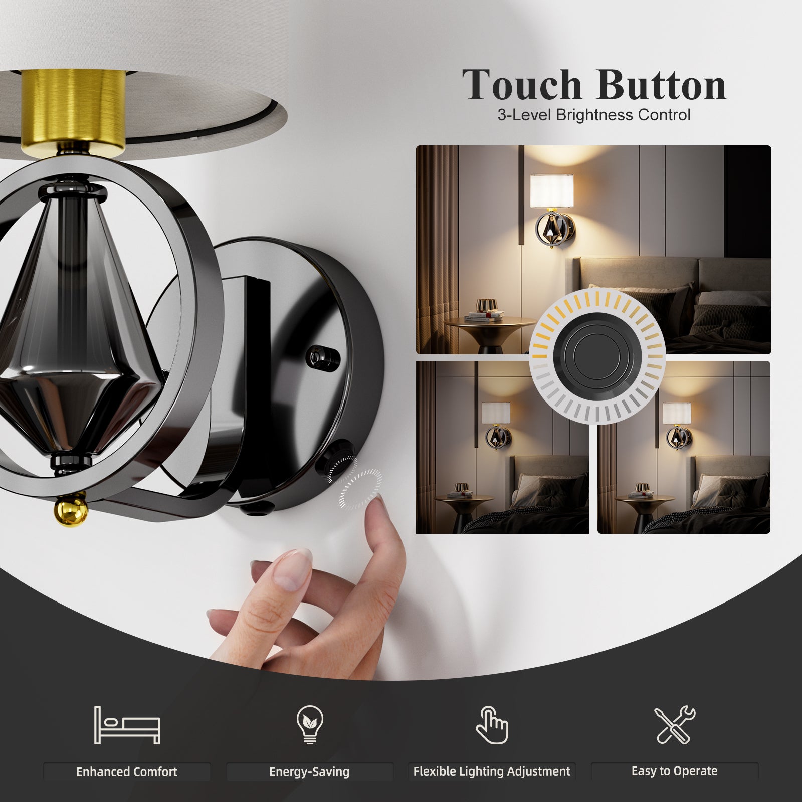 C06-1 Modern Gunmetal Diamond Dimmable Wall Sconce for Bedroom
