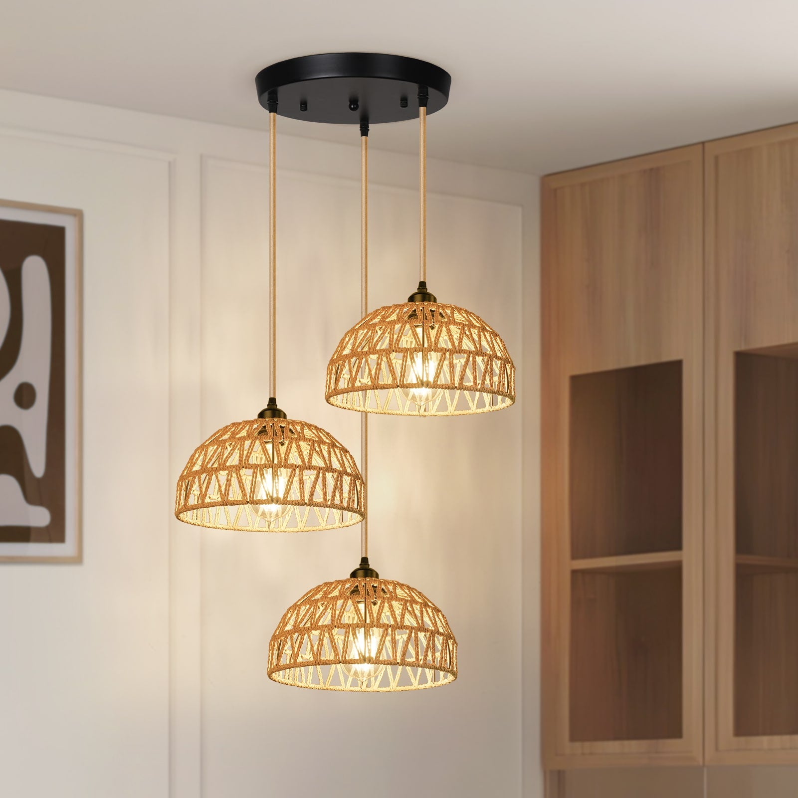 N05 Boho Woven Rattan Pendant Light Handmade Basket 3-Lights Wicker Chandelier for Kitchen Dining Room Farmhouse