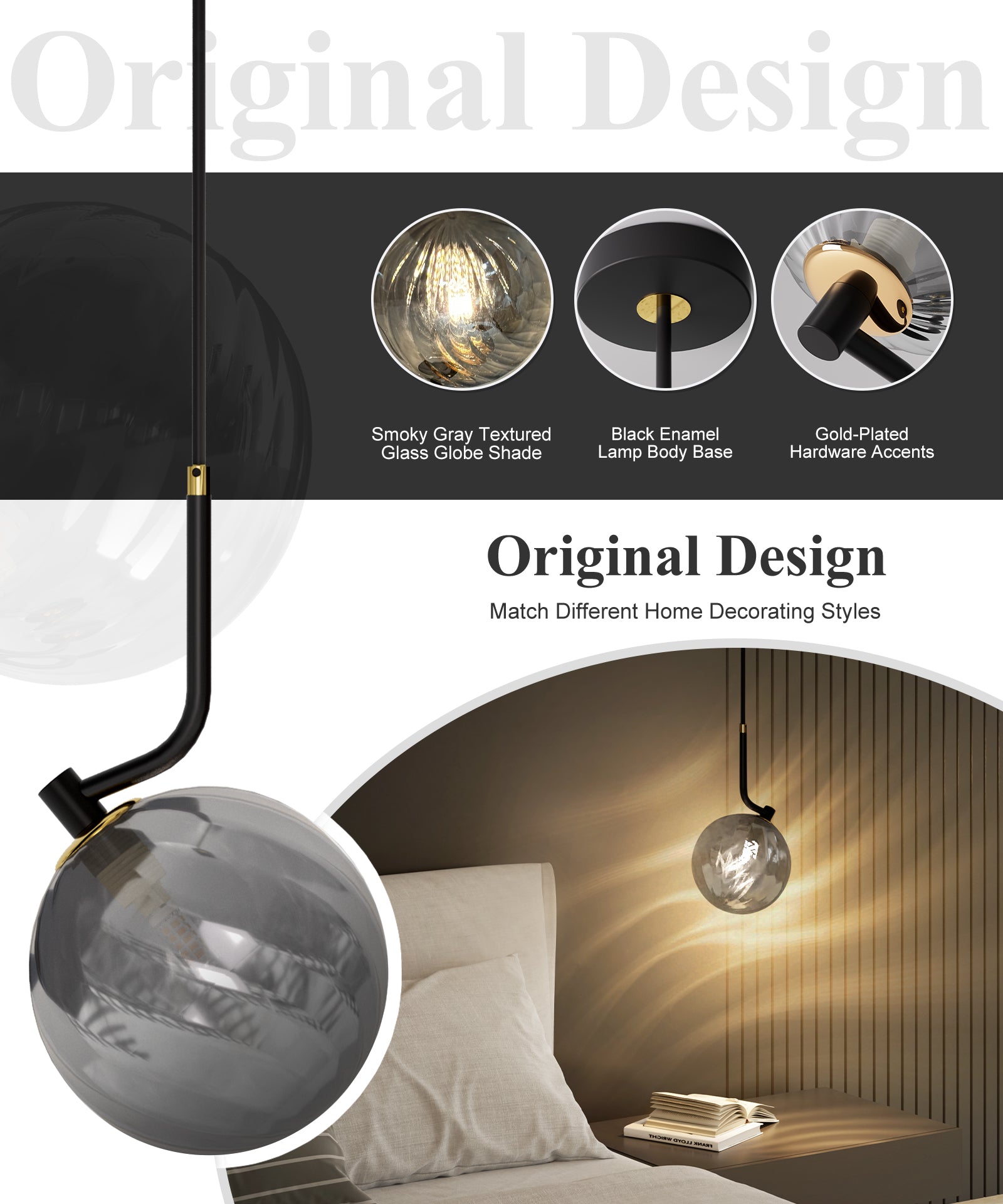 Modern Glass Pendant Light Smoked Grey Glass Shade Adjustable Cord for All Home Styles (1W-3W G9 Bulb Included)