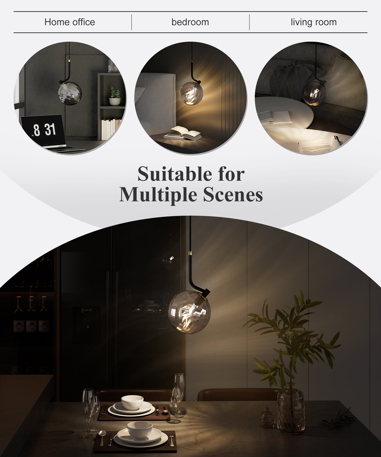 Modern Glass Pendant Light Smoked Grey Glass Shade Adjustable Cord for All Home Styles (1W-3W G9 Bulb Included)