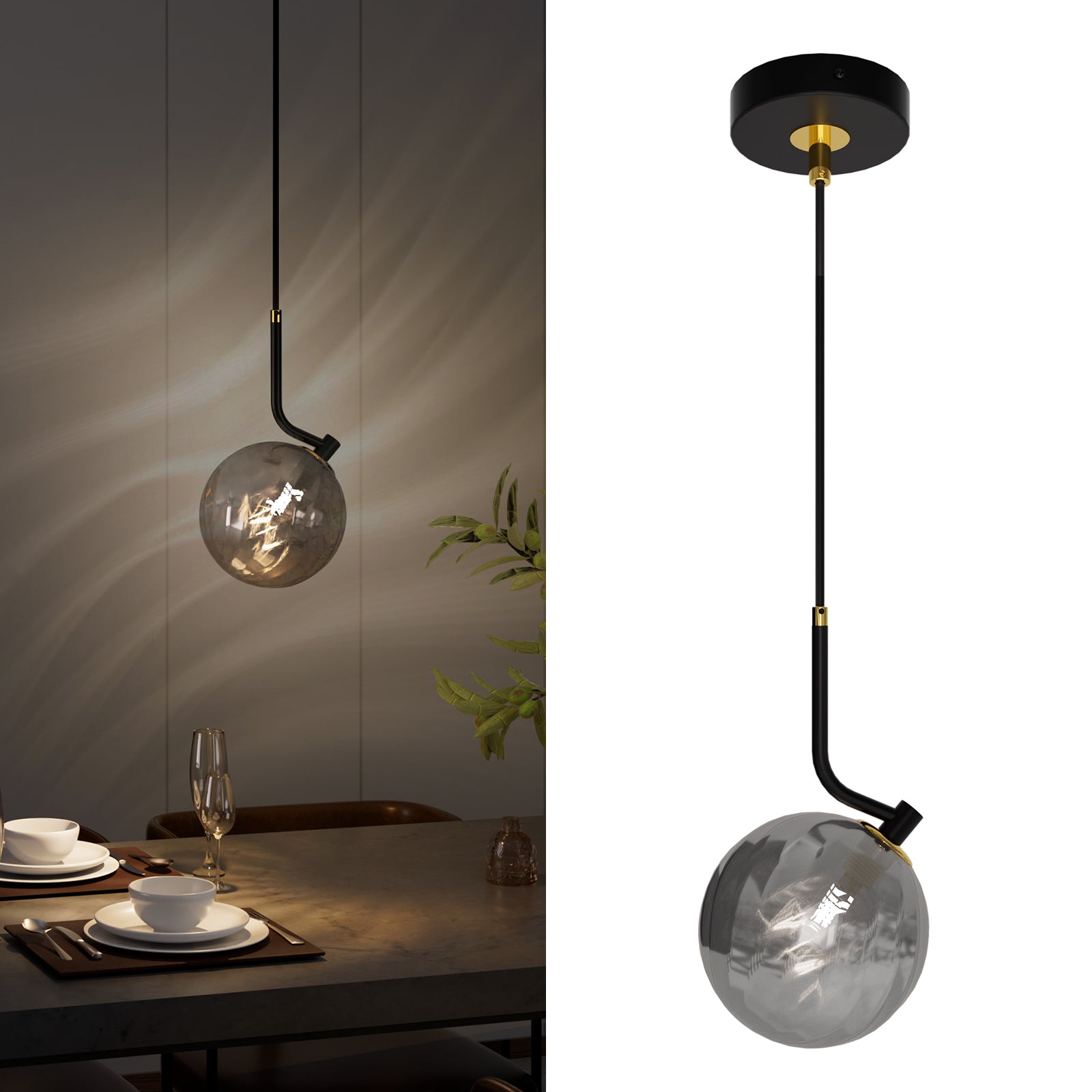 Modern Glass Pendant Light Smoked Grey Glass Shade Adjustable Cord for All Home Styles (1W-3W G9 Bulb Included)