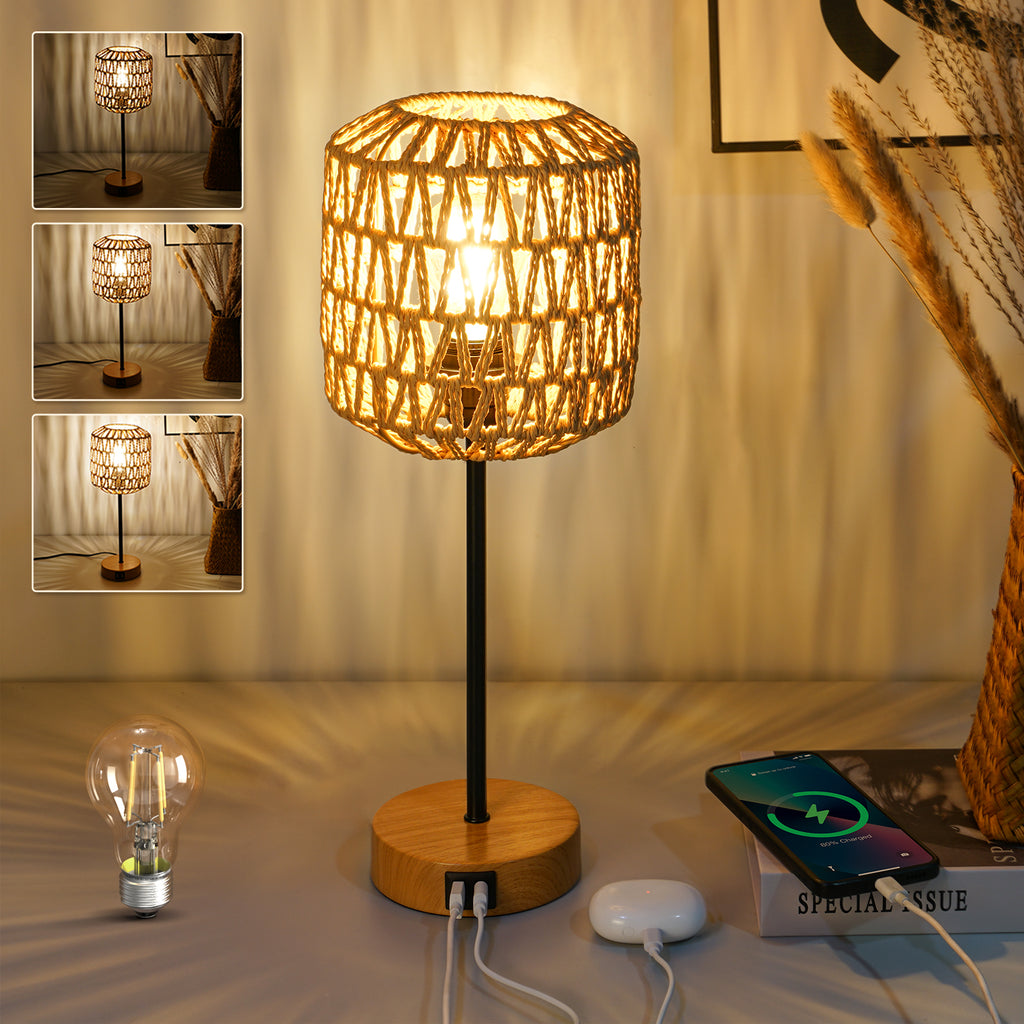 N02 Boho Rattan Table Lamp 3 Way Dimmable Touch Control with USB Port