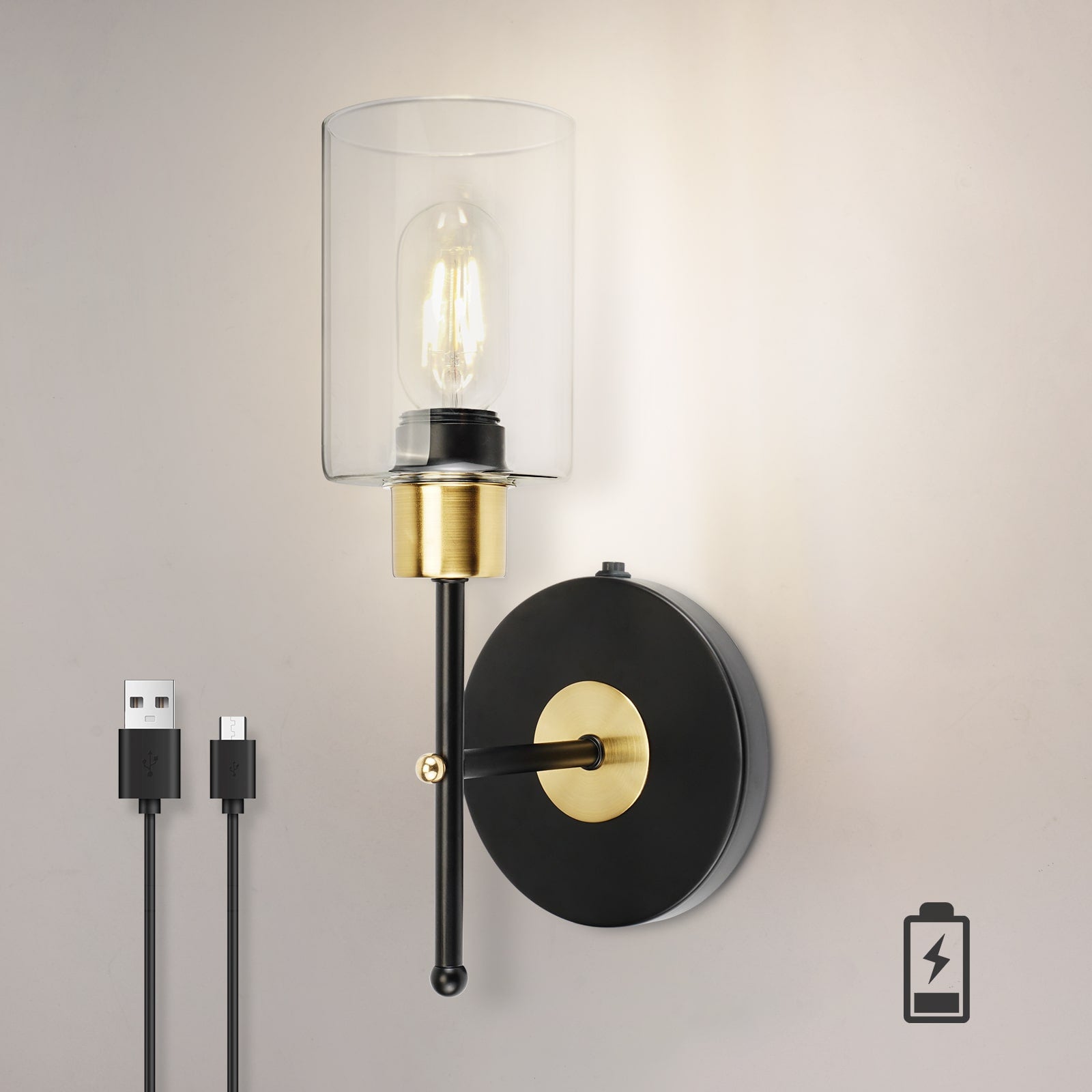 C01 Battery Operated Wall Sconces Lamp with Clear Glass Shade Cordless Fixtures