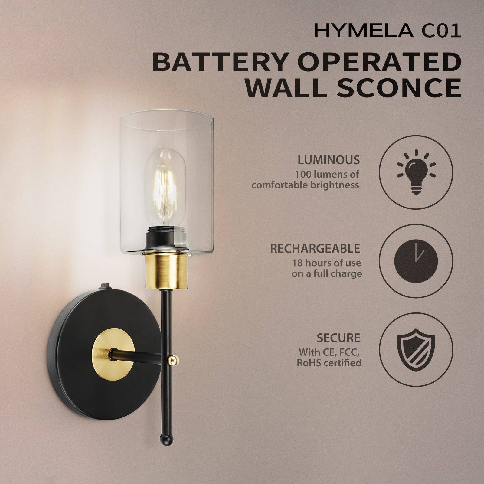 C01 Battery Operated Wall Sconces Lamp with Clear Glass Shade Cordless Fixtures