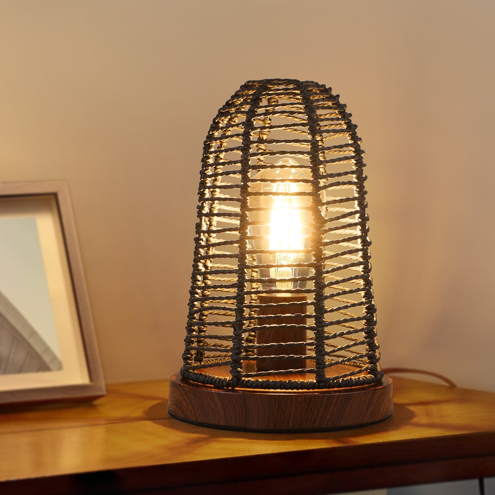 N04 Vintage Rattan Table Lamp with Handwoven Shade Dimmable Touch Control