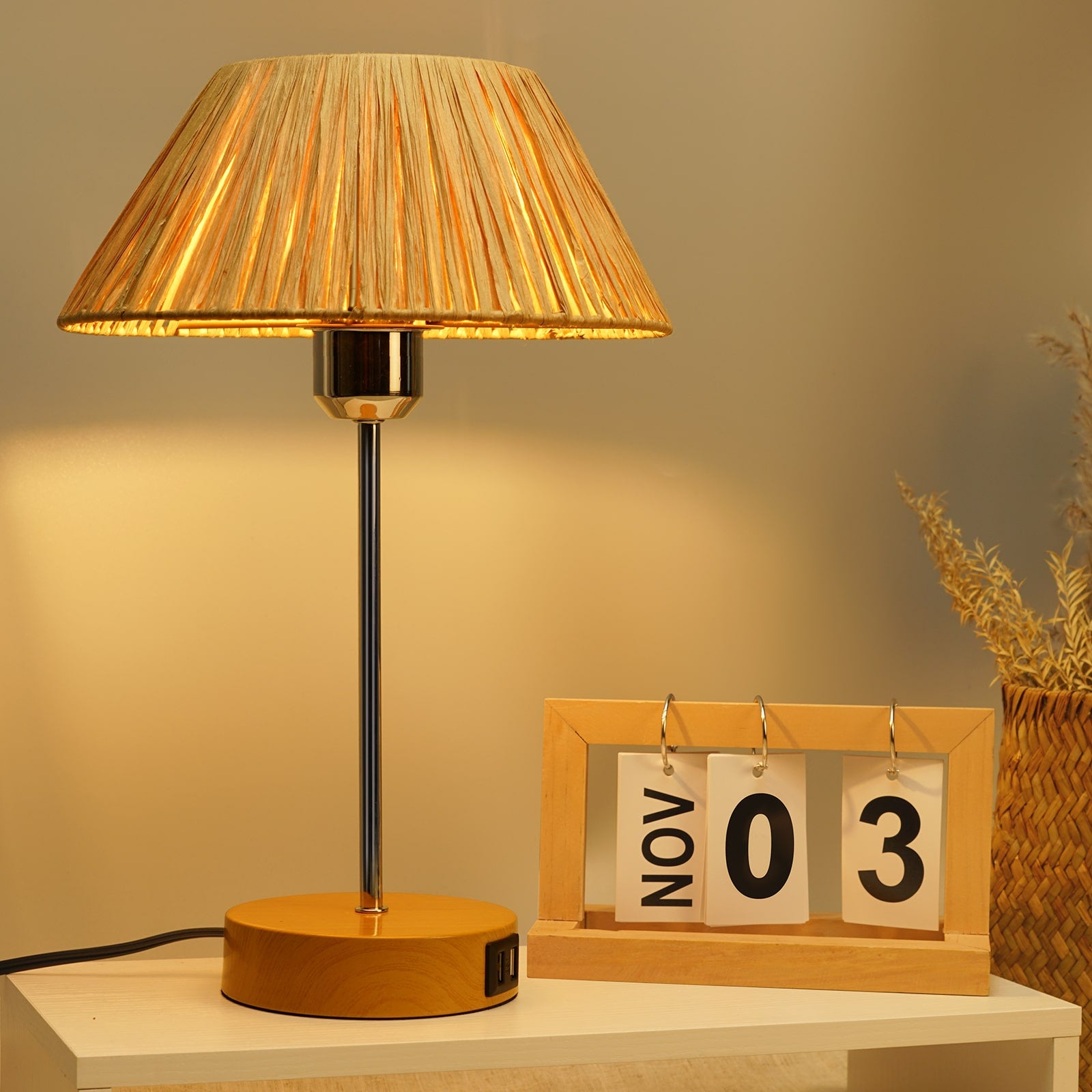 N09 Boho Table Lamp with Straw Rope Shade 3 Way Dimmable & USB Charging Port