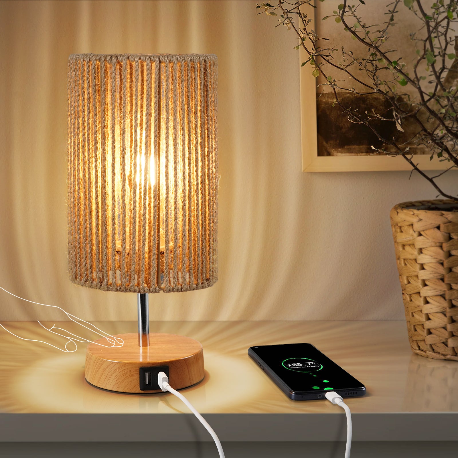 N08 Touch Table Lamp for Bedroom Rattan Lamp 3 Way Dimmable Bedside Lamps for Living Room with USB Charging Ports Lamp for Night Stands with E26 Bulb Boho Lamps for Bedrooms
