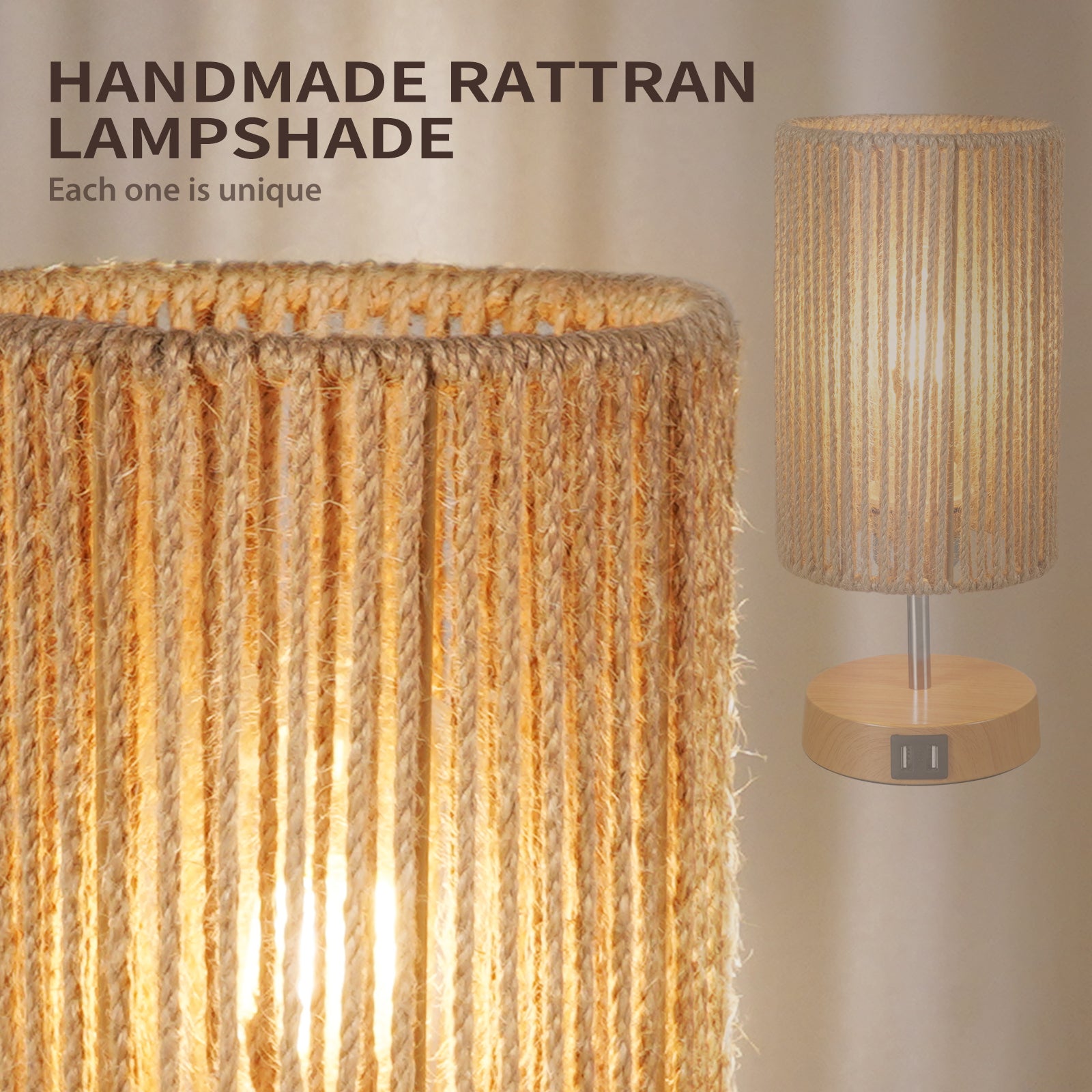 N08 3-Way Dimmable Touch Control Rattan Table Lamp for Study Room