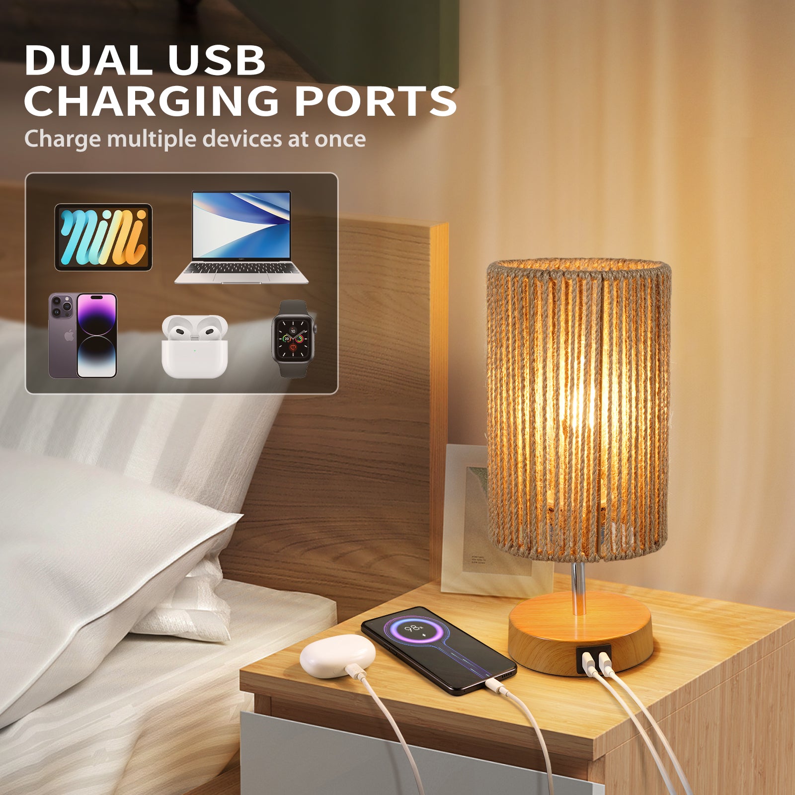 N08 3-Way Dimmable Touch Control Rattan Table Lamp for Study Room