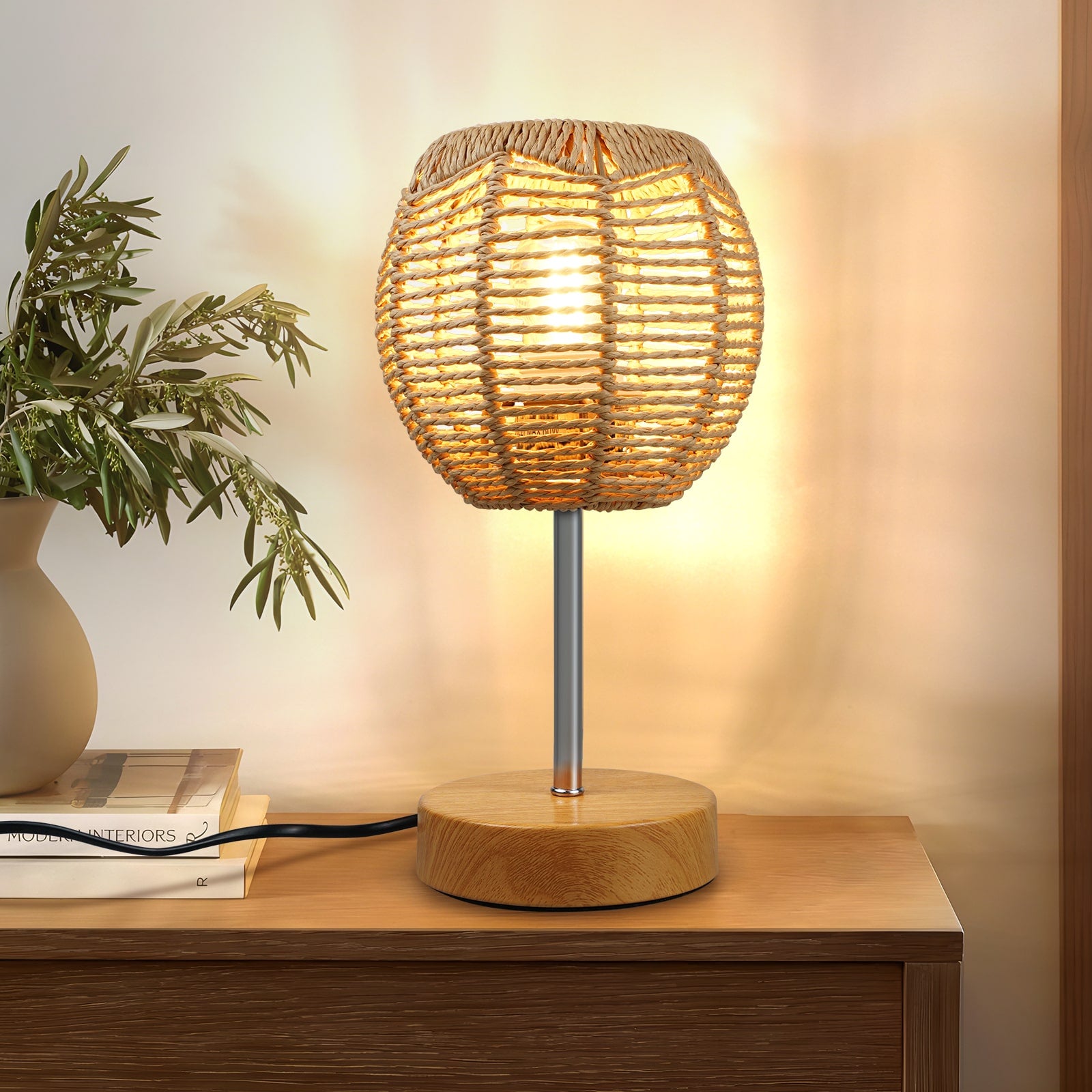 Natural Rattan Table Lamp with Handmade Woven Shade Dimmable Touch Control