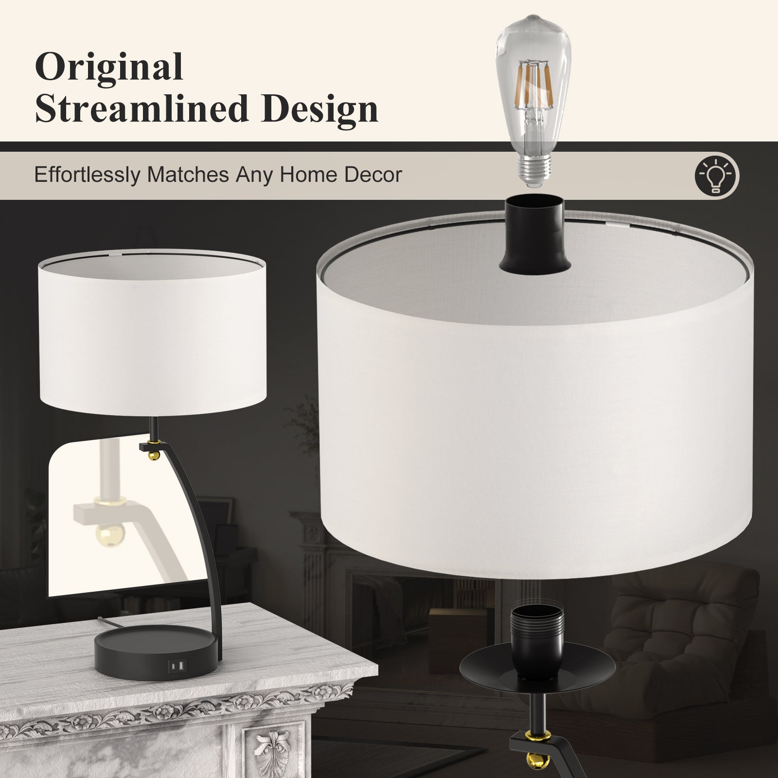 C07-2 Table Lights Modern Style with Linen Lampshade for Bedroom