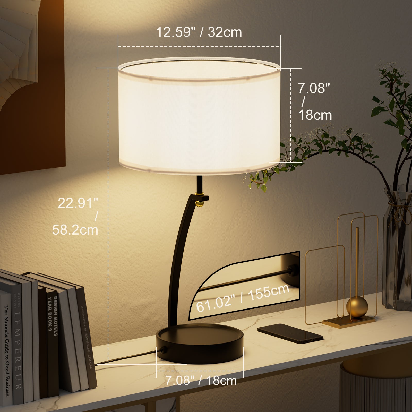 C07-2 3 Way Dimmable Dining Table Light with USB C+A Charging Ports