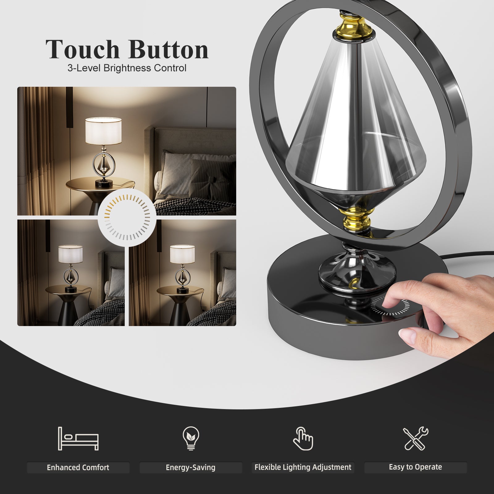 C06-2 Diamond Table Lamp Touch Control 3- Way Dimmable for All Home Styles(Bulb included)