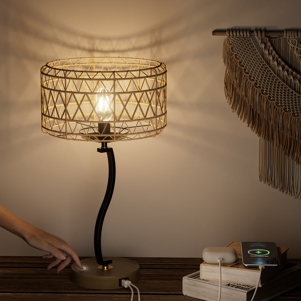 N11-2 Large Rattan Boho Table Lamp Touch Control 3-Way Dimmable for All Home Style
