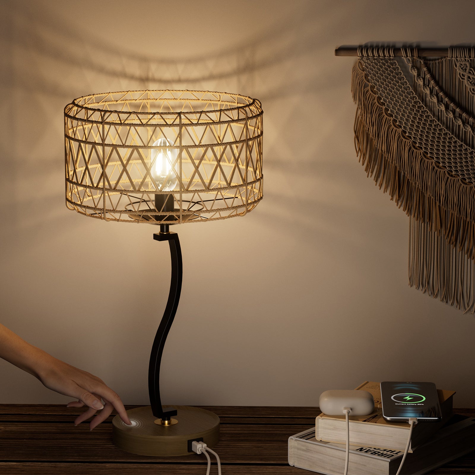 N11-2 Large Rattan Boho Table Lamp Touch Control 3-Way Dimmable for All Home Style