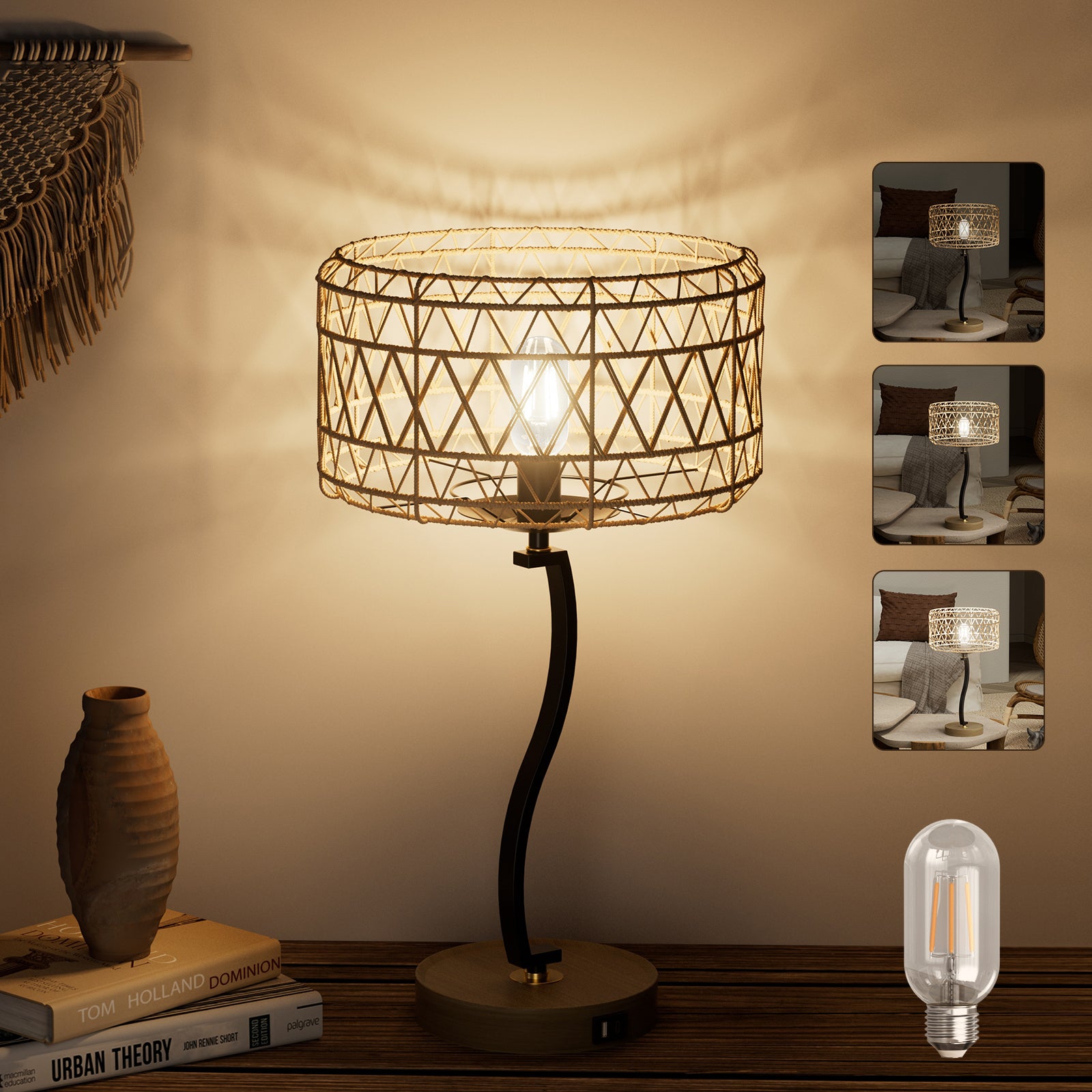 N11-2 Large Rattan Boho Table Lamp Touch Control 3-Way Dimmable for All Home Style