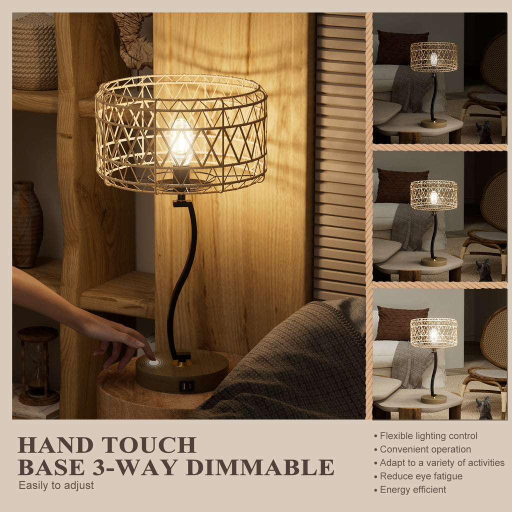 N11-2 Large Rattan Boho Table Lamp Touch Control 3-Way Dimmable for All Home Style