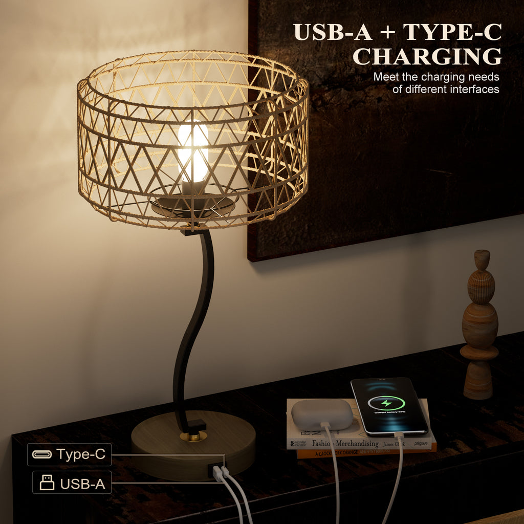 N11-2 Large Rattan Boho Table Lamp Touch Control 3-Way Dimmable for All Home Style
