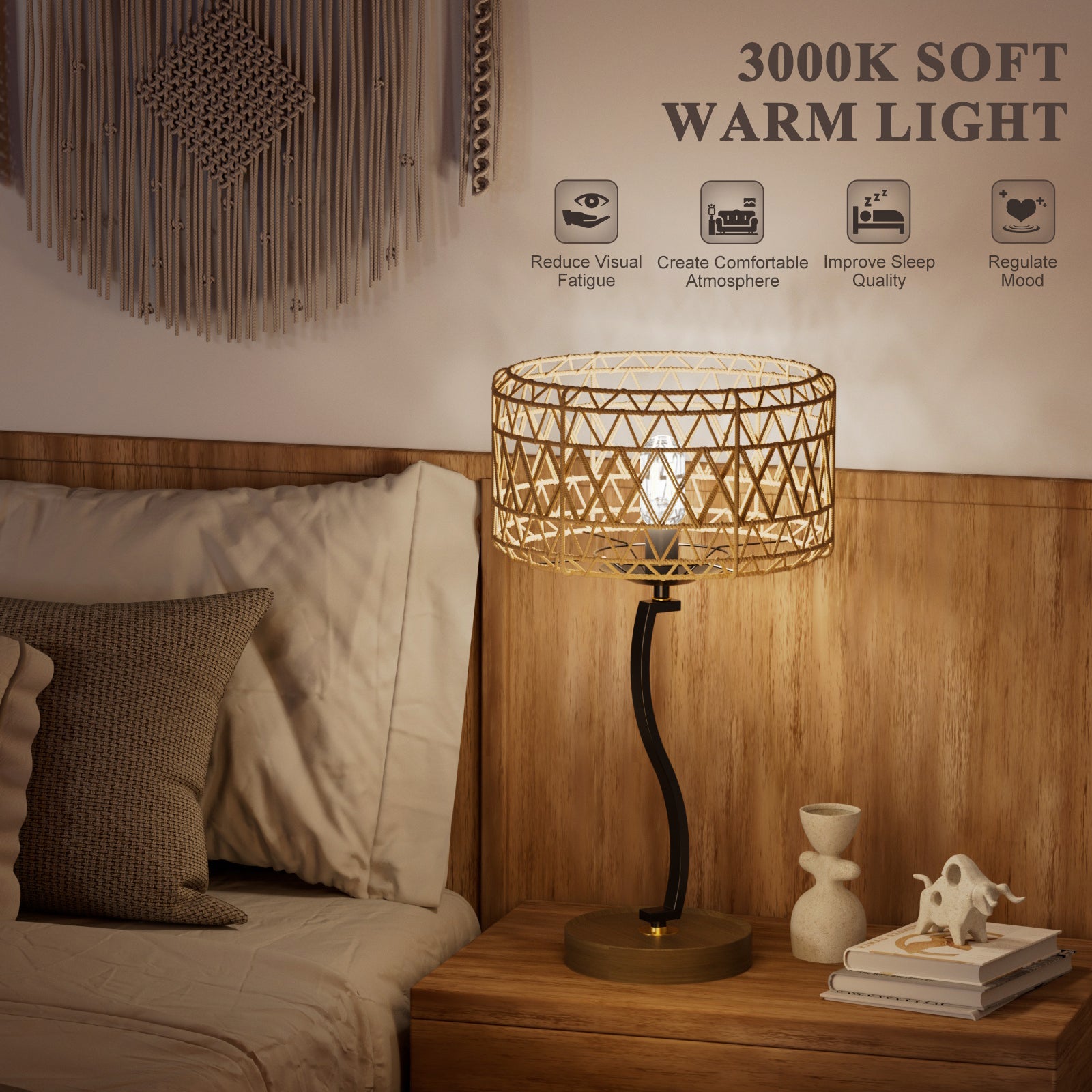 N11-2 Large Rattan Boho Table Lamp Touch Control 3-Way Dimmable for All Home Style