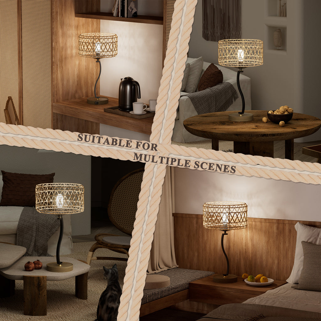 N11-2 Large Rattan Boho Table Lamp Touch Control 3-Way Dimmable for All Home Style