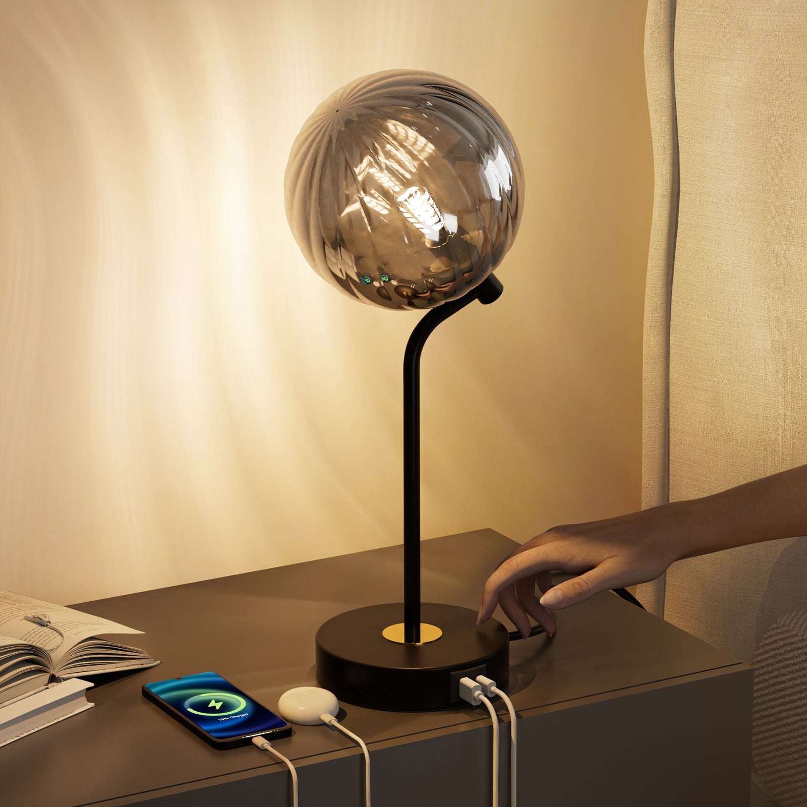 M14-2 Touch Dimmable Glass Table Lamp Smoked Grey Glass Shade for All Home Styles (1W-3W G9 Bulb Included)