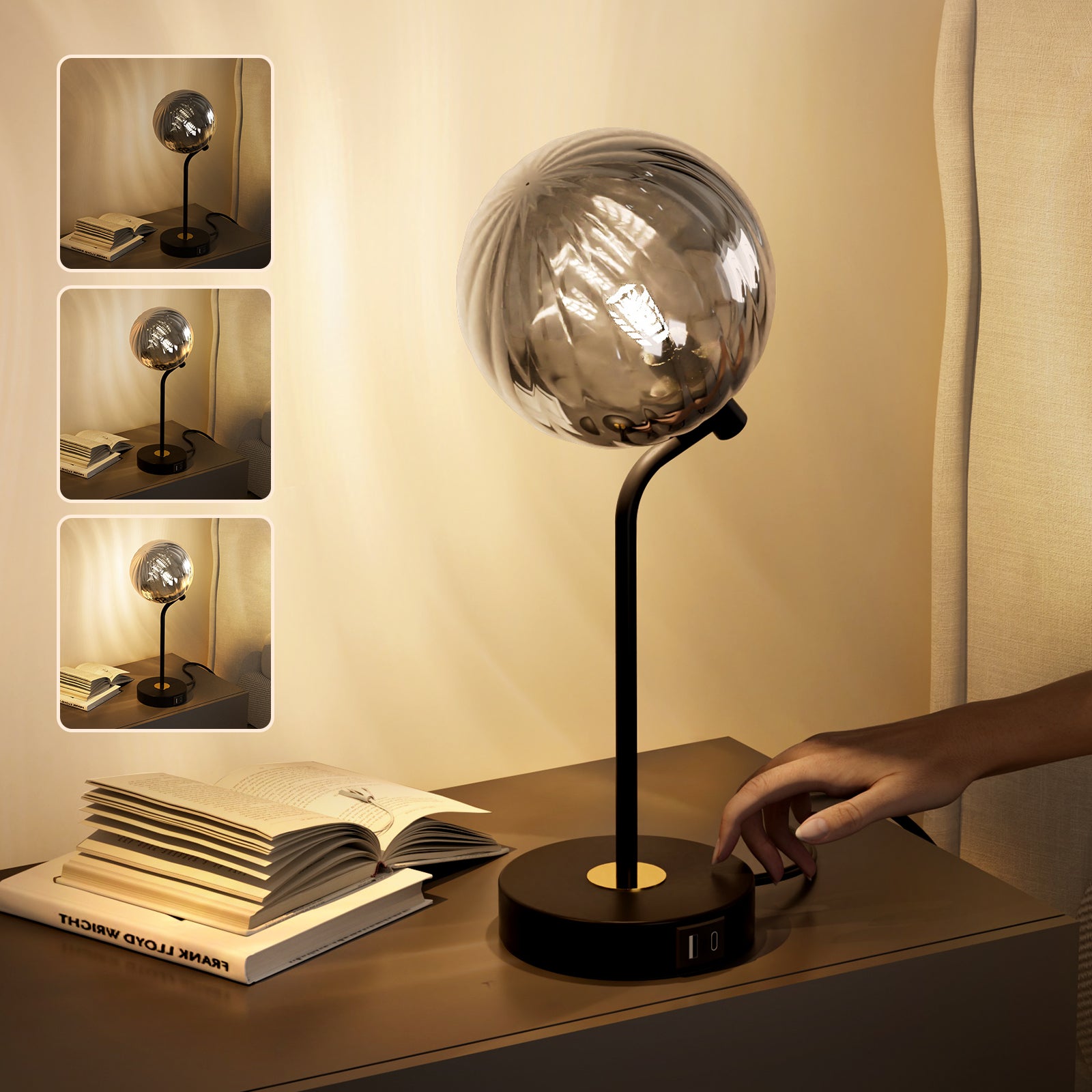 M14-2 Touch Dimmable Glass Table Lamp Smoked Grey Glass Shade for All Home Styles (1W-3W G9 Bulb Included)