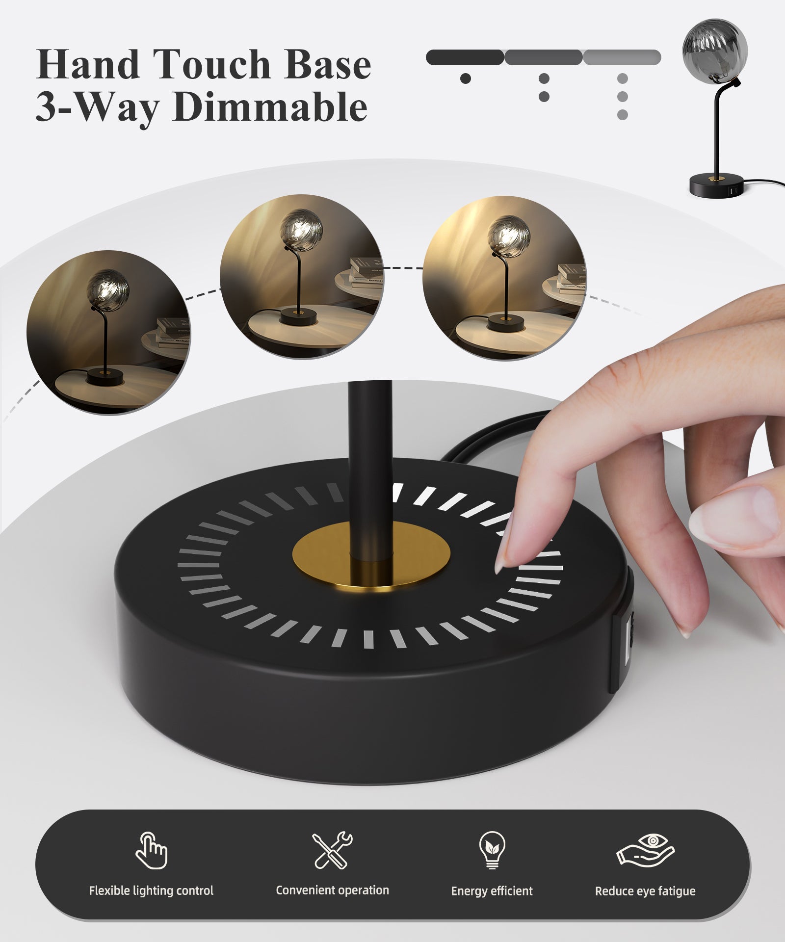 M14-2 Touch Dimmable Glass Table Lamp Smoked Grey Glass Shade for All Home Styles (1W-3W G9 Bulb Included)