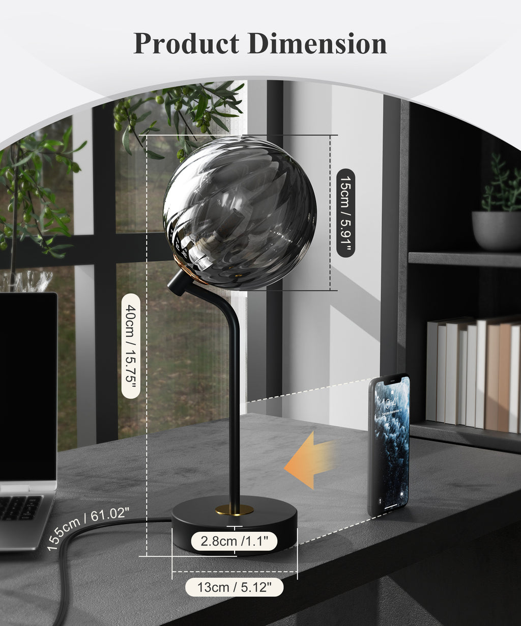M14-2 Touch Dimmable Glass Table Lamp Smoked Grey Glass Shade for All Home Styles (1W-3W G9 Bulb Included)